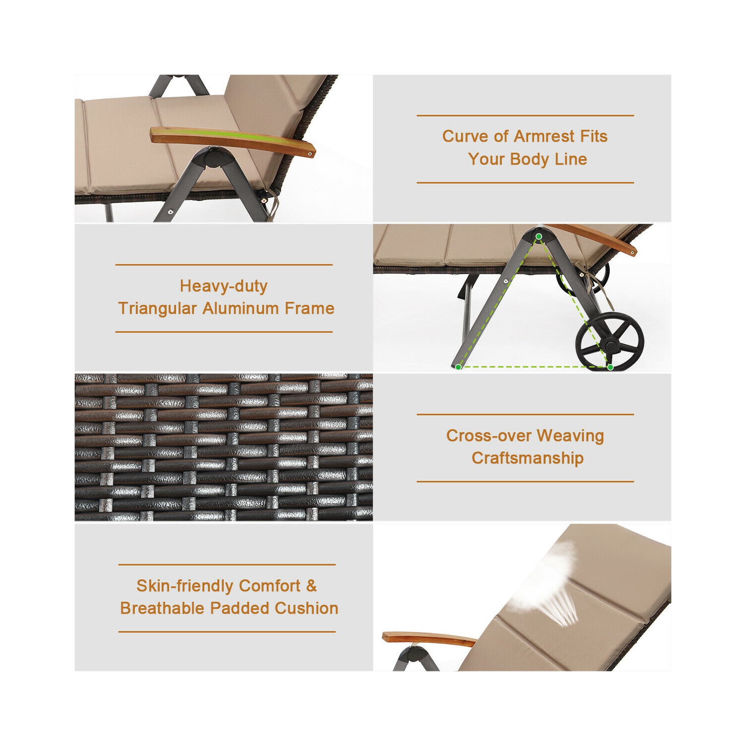 Gymax Folding Patio Rattan Lounge Chair Chaise Cushioned Aluminum Adjust Wheel