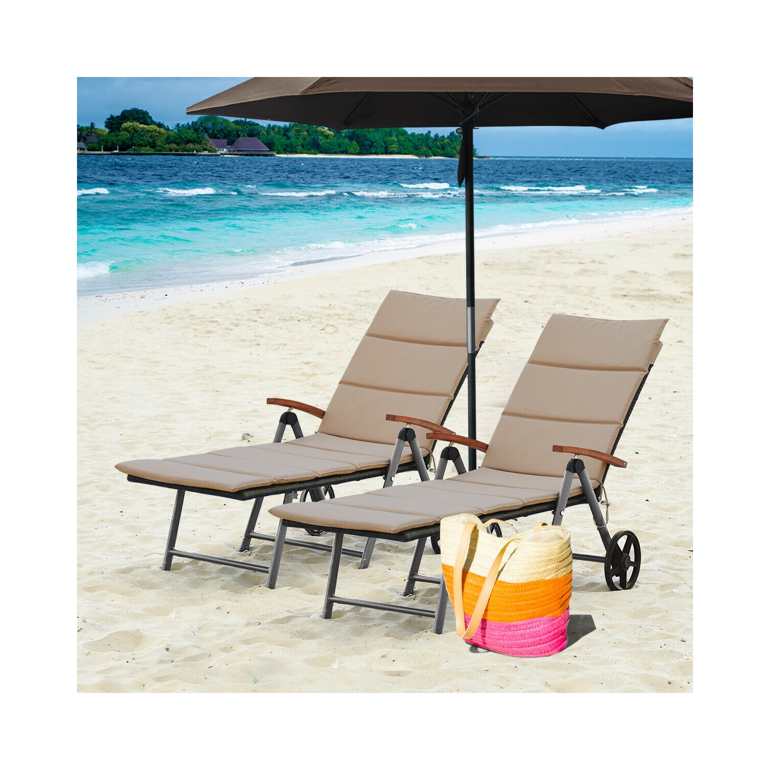 Gymax 2 PCS Folding Patio Rattan Lounge Chair Chaise Cushioned Aluminum Adjust Wheel