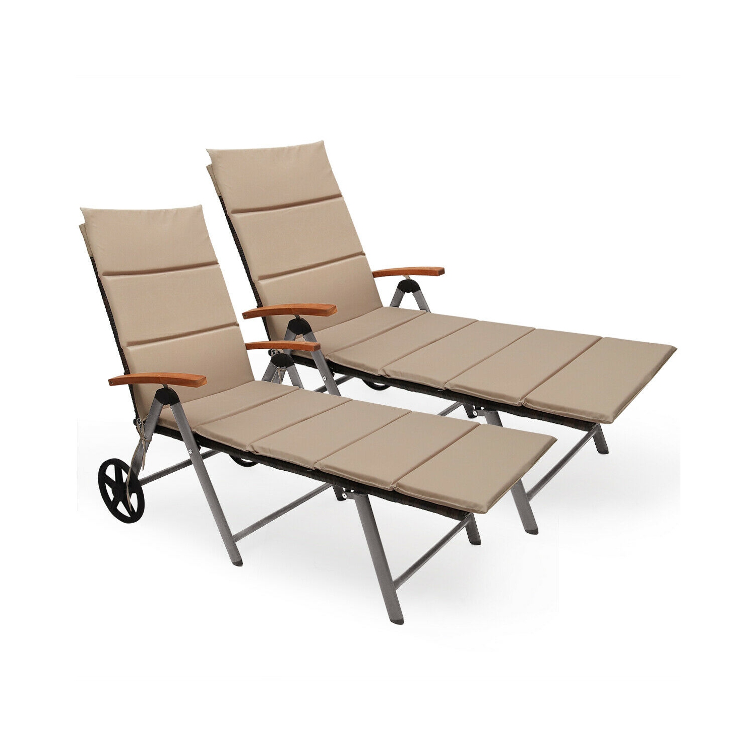 Gymax 2 PCS Folding Patio Rattan Lounge Chair Chaise Cushioned Aluminum Adjust Wheel