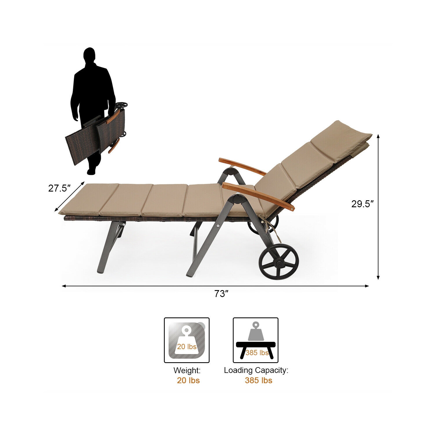 Gymax 2 PCS Folding Patio Rattan Lounge Chair Chaise Cushioned Aluminum Adjust Wheel