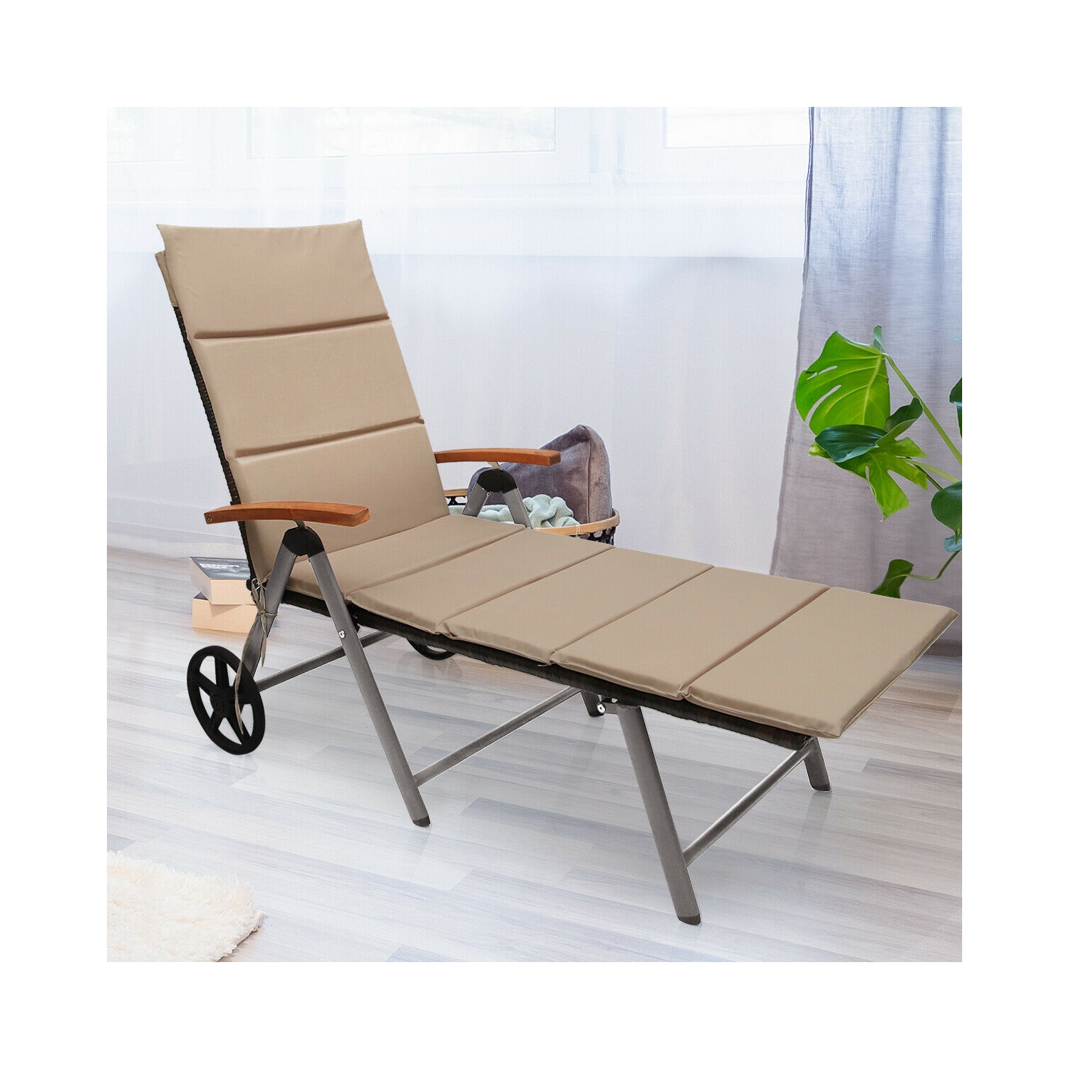 Gymax 2 PCS Folding Patio Rattan Lounge Chair Chaise Cushioned Aluminum Adjust Wheel