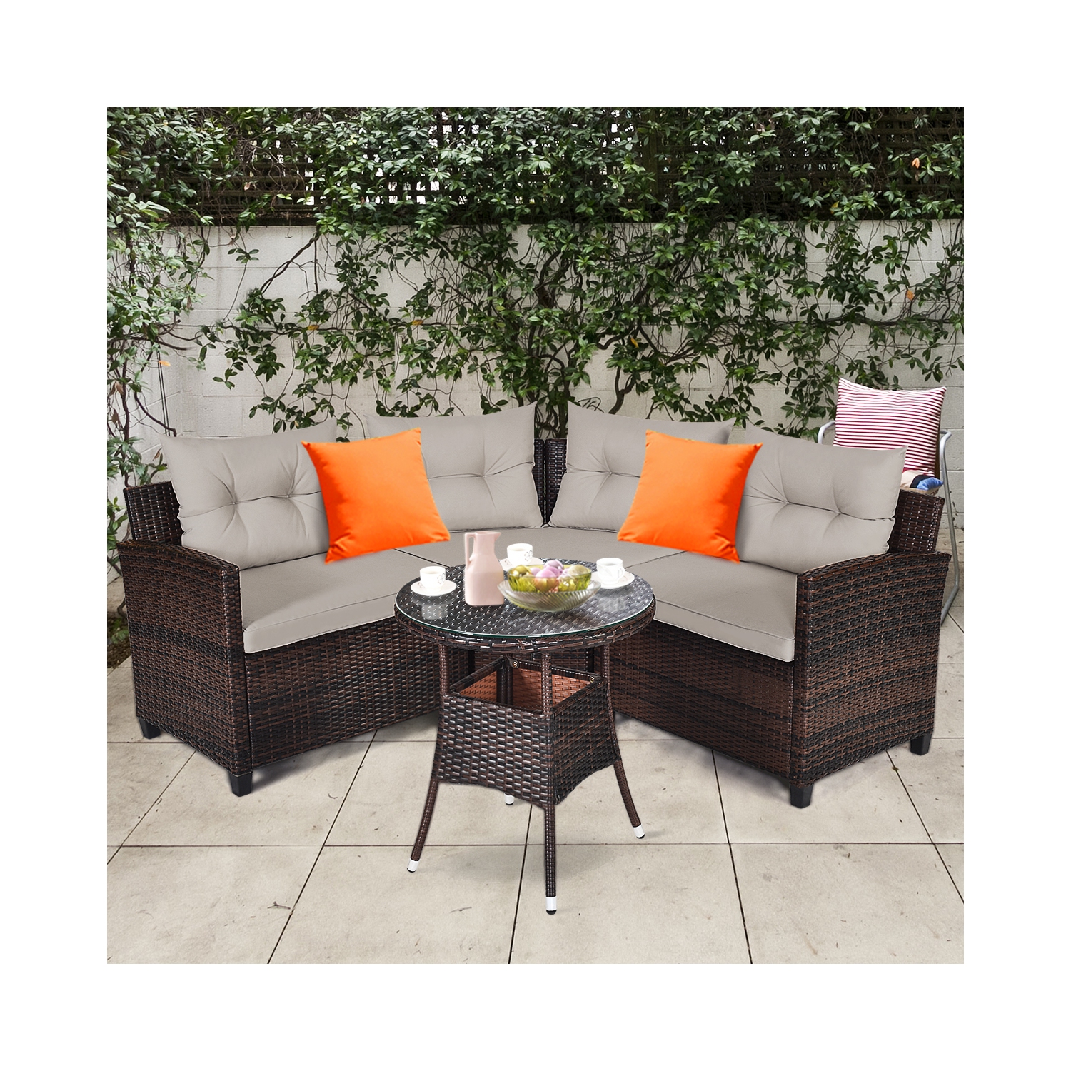 Gymax 4Piéces Ensemble de Mobilier Extérieur Fauteuils d’Angle en Rotin avec Coussins