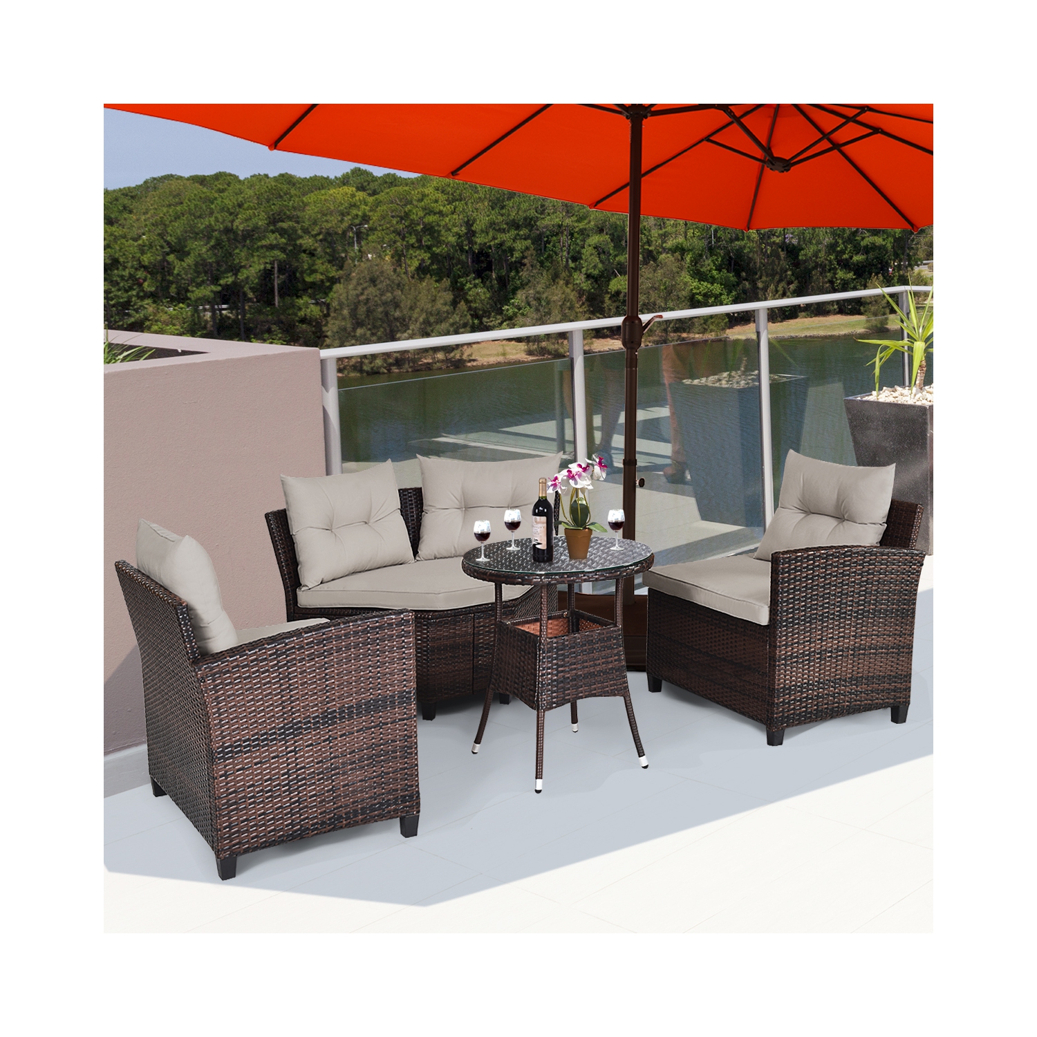 Gymax 4Piéces Ensemble de Mobilier Extérieur Fauteuils d’Angle en Rotin avec Coussins