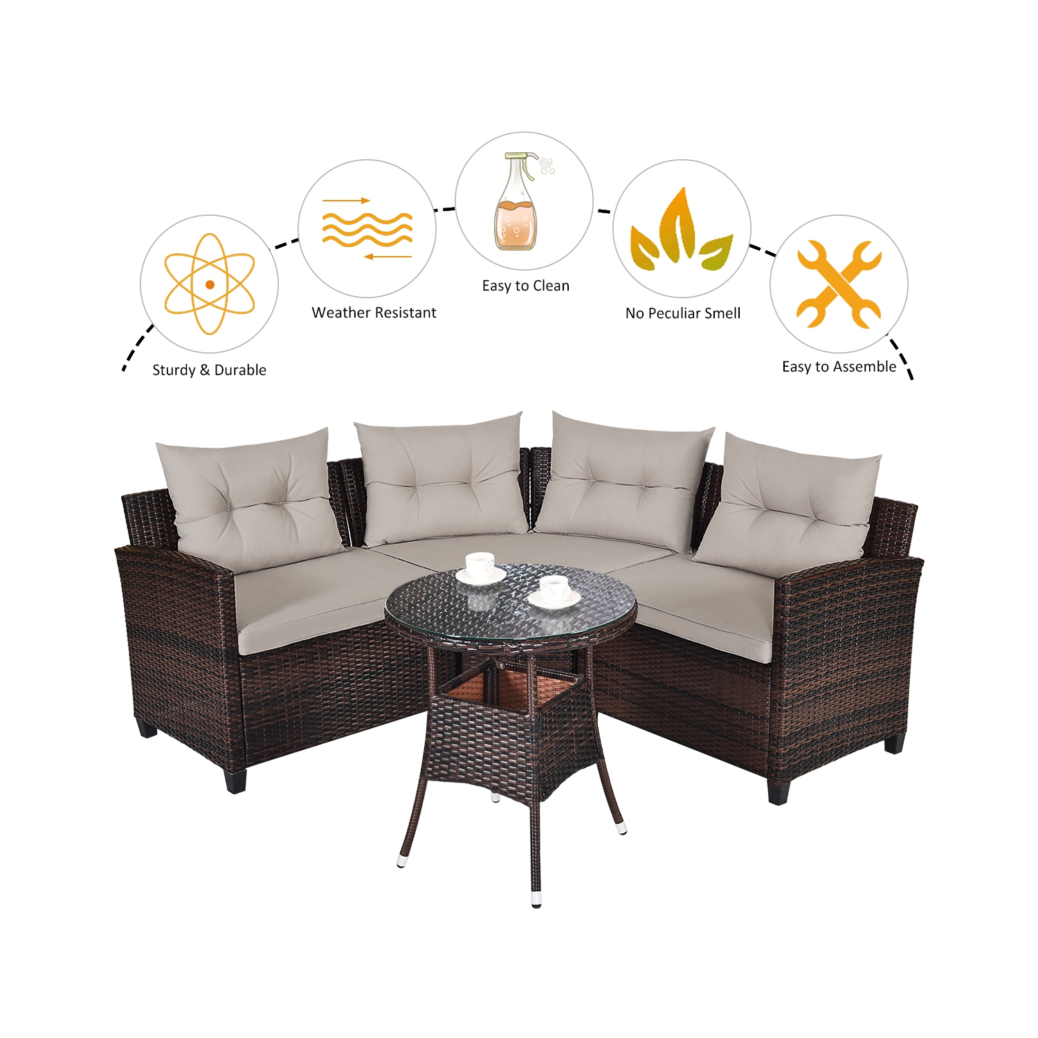 Gymax 4Piéces Ensemble de Mobilier Extérieur Fauteuils d’Angle en Rotin avec Coussins