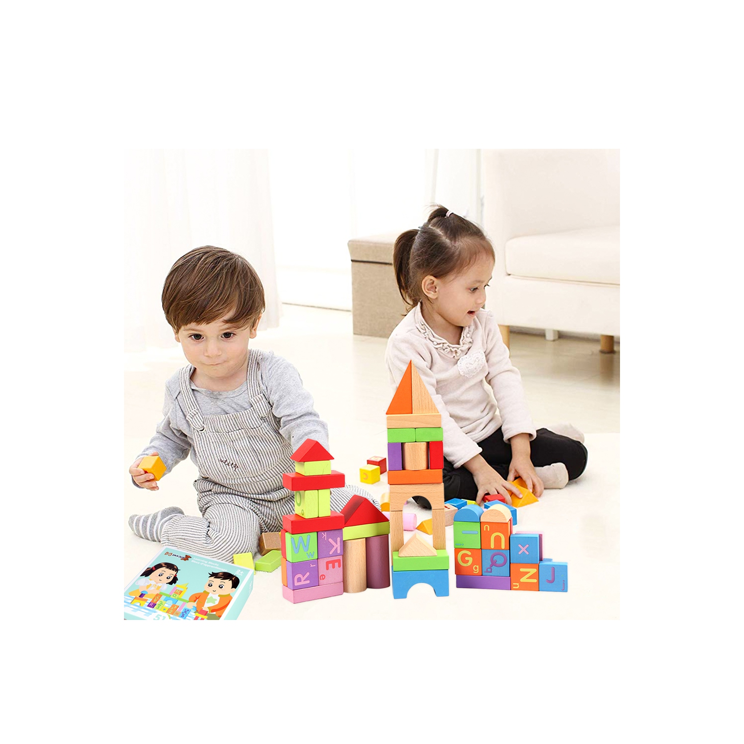 Ensemble de blocs de construction en bois DJ Danjub | 51 blocs de bois colorés PCS | Blocs en bois ABC-