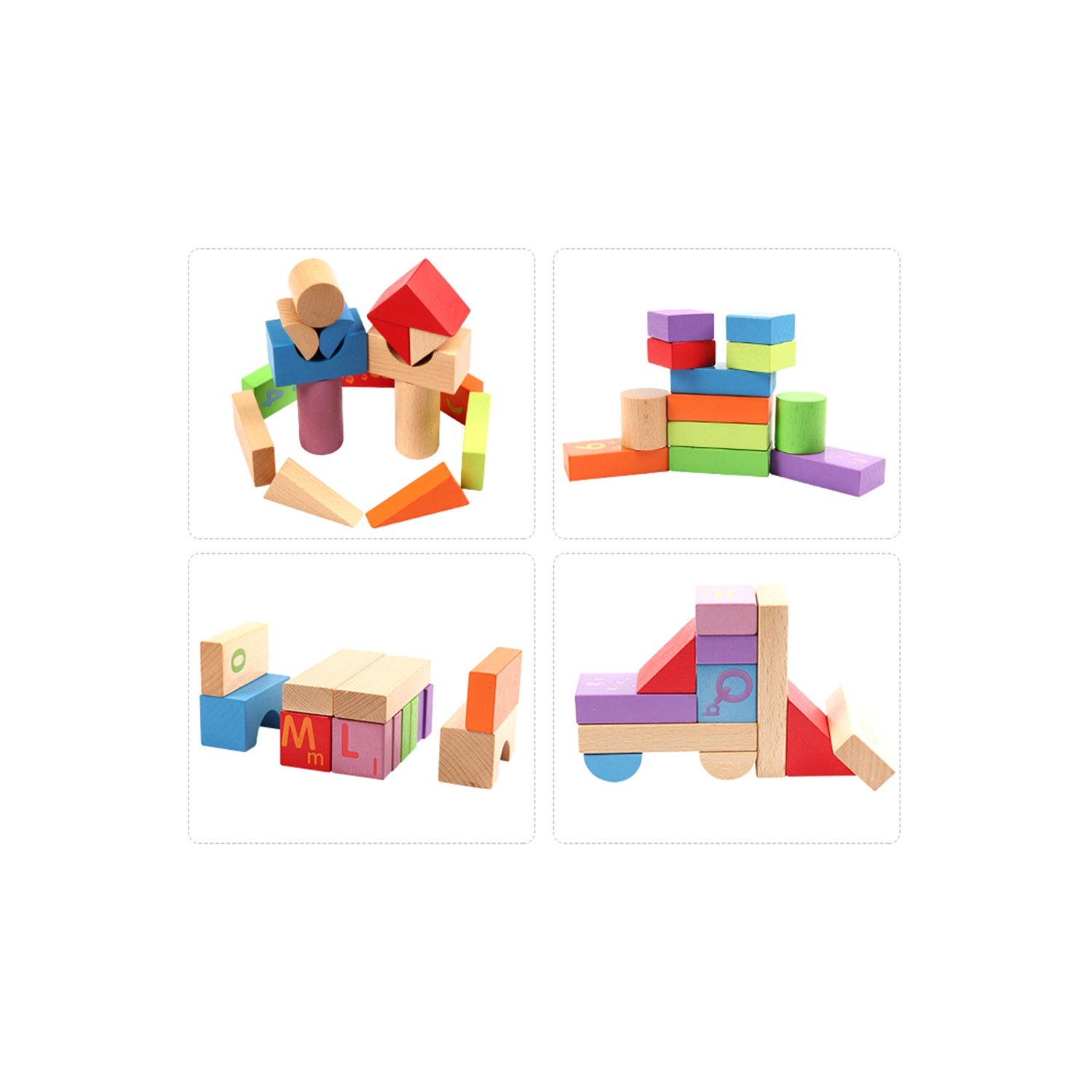 Ensemble de blocs de construction en bois DJ Danjub | 51 blocs de bois colorés PCS | Blocs en bois ABC-