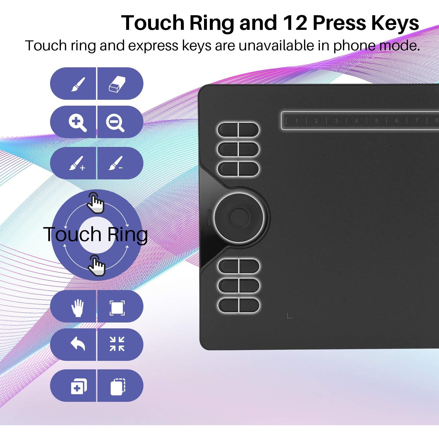 Tablette graphique HS610, tablette à stylet 10x6 avec stylet sans pile, 12 touches Express, Touch Ring, support d'inclinaison, 8192 niveaux de