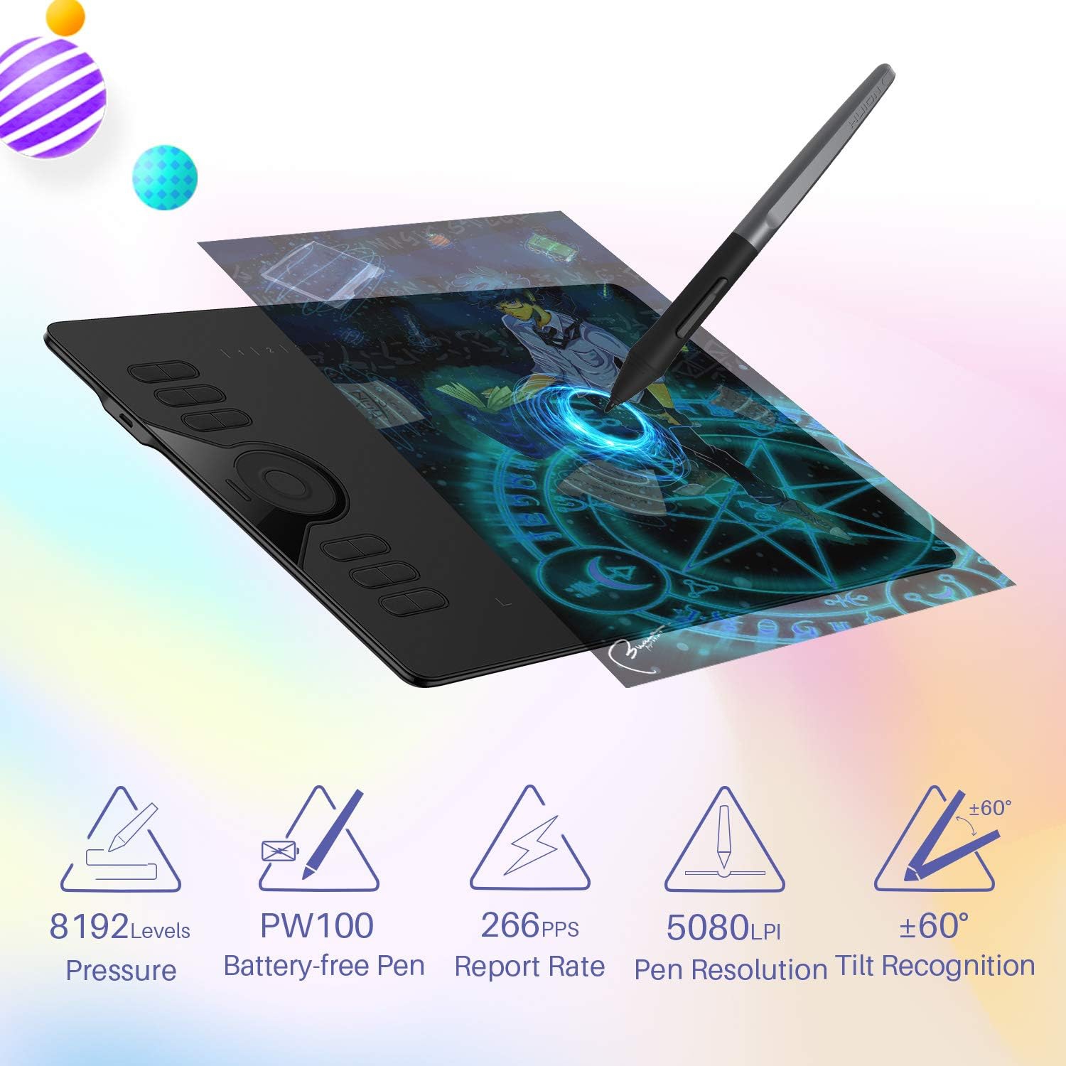 Tablette graphique HS610, tablette à stylet 10x6 avec stylet sans pile, 12 touches Express, Touch Ring, support d'inclinaison, 8192 niveaux de
