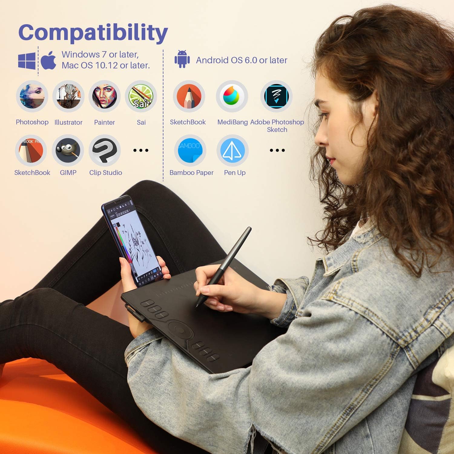 Tablette graphique HS610, tablette à stylet 10x6 avec stylet sans pile, 12 touches Express, Touch Ring, support d'inclinaison, 8192 niveaux de