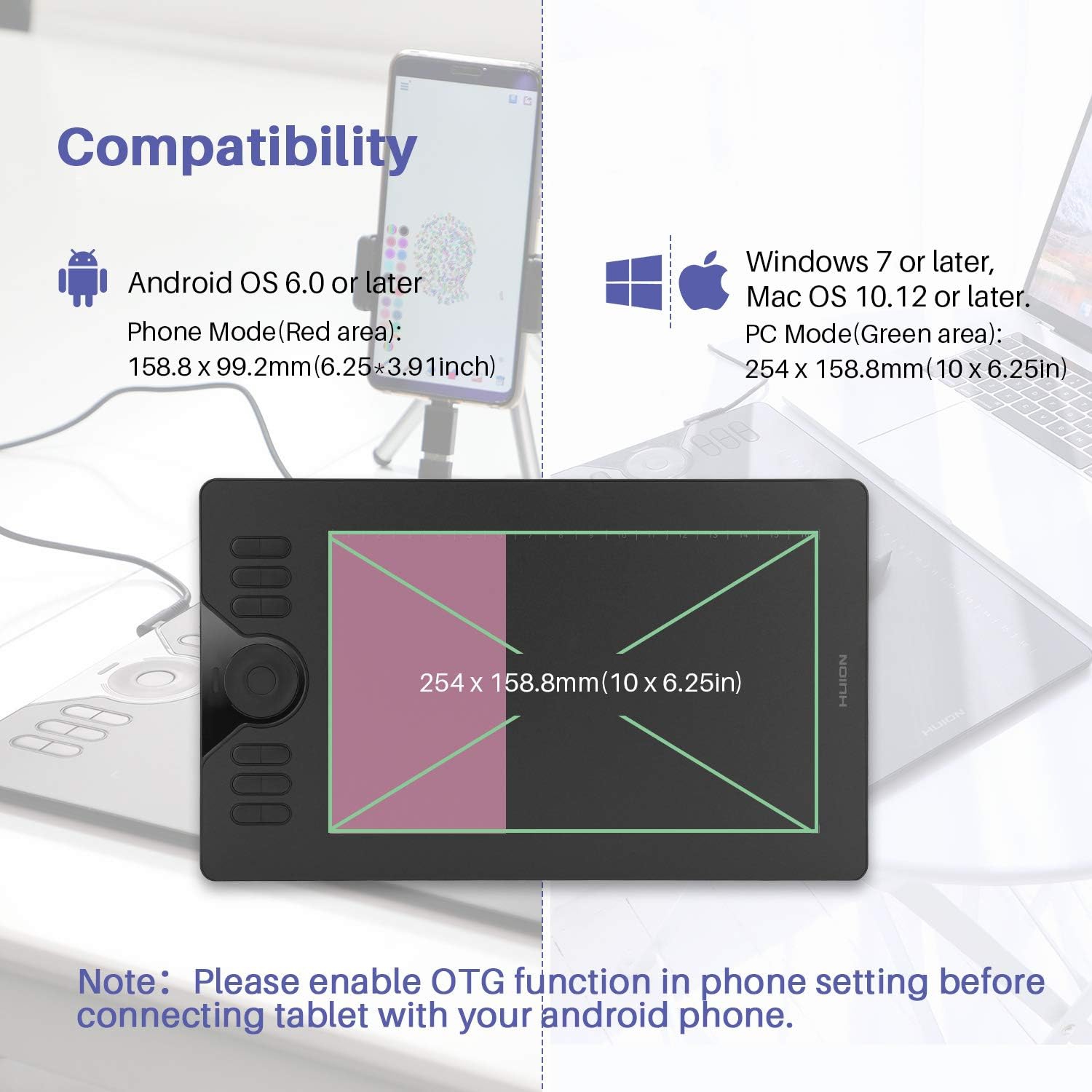 Tablette graphique HS610, tablette à stylet 10x6 avec stylet sans pile, 12 touches Express, Touch Ring, support d'inclinaison, 8192 niveaux de