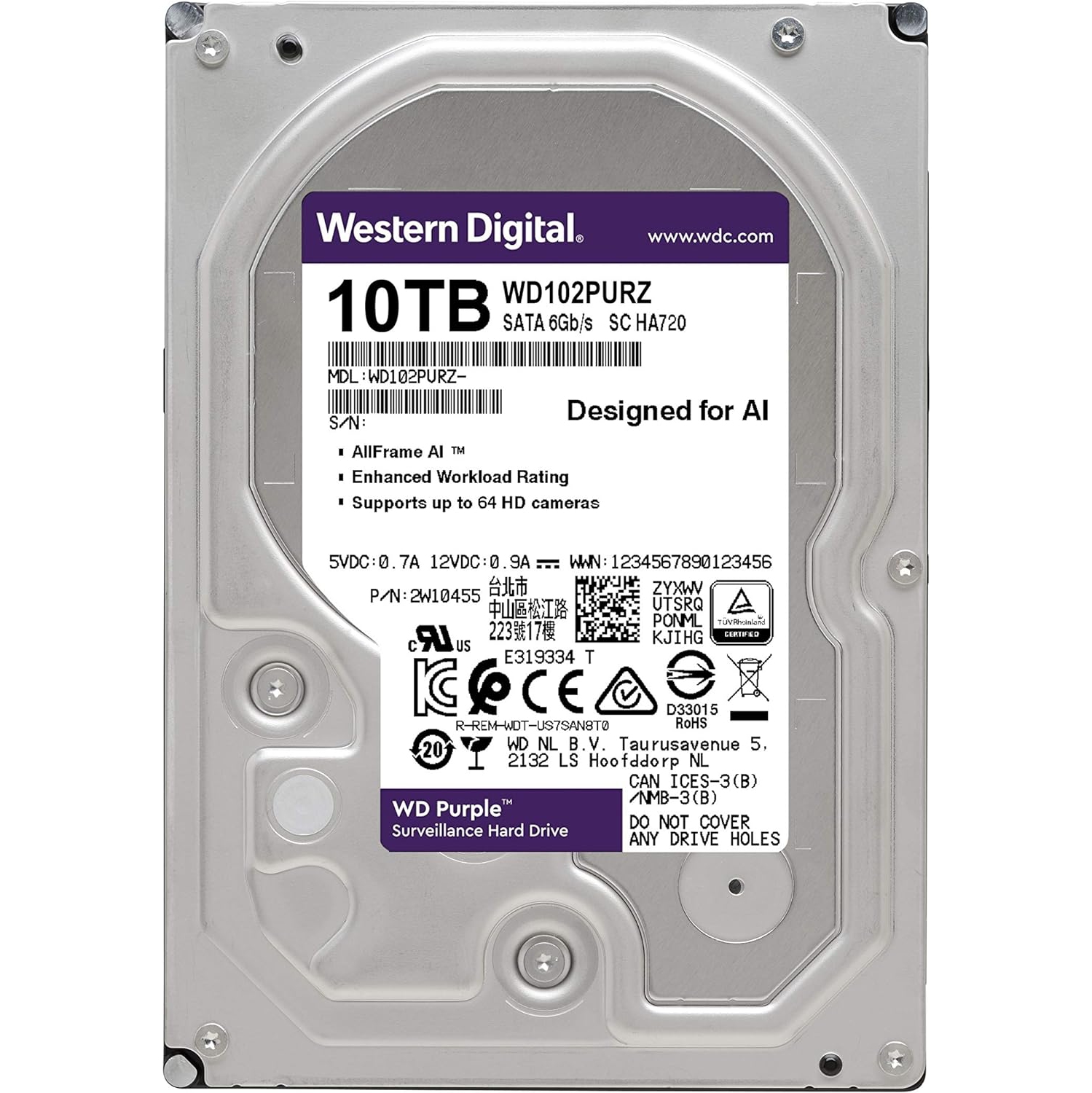 WD Purple 10TB Surveillance Hard Drive WD102PURZ