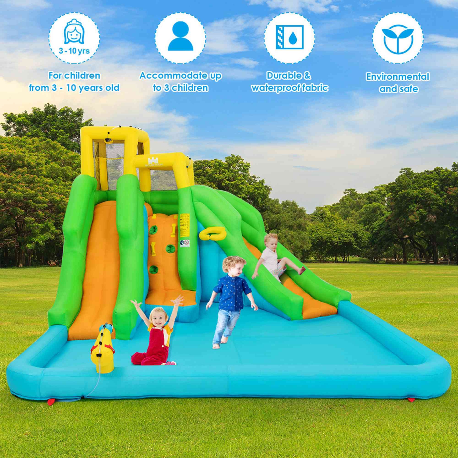 Costway Inflatable Water Park Bounce House w/Climbing Wall Two Slides and Splash Pool