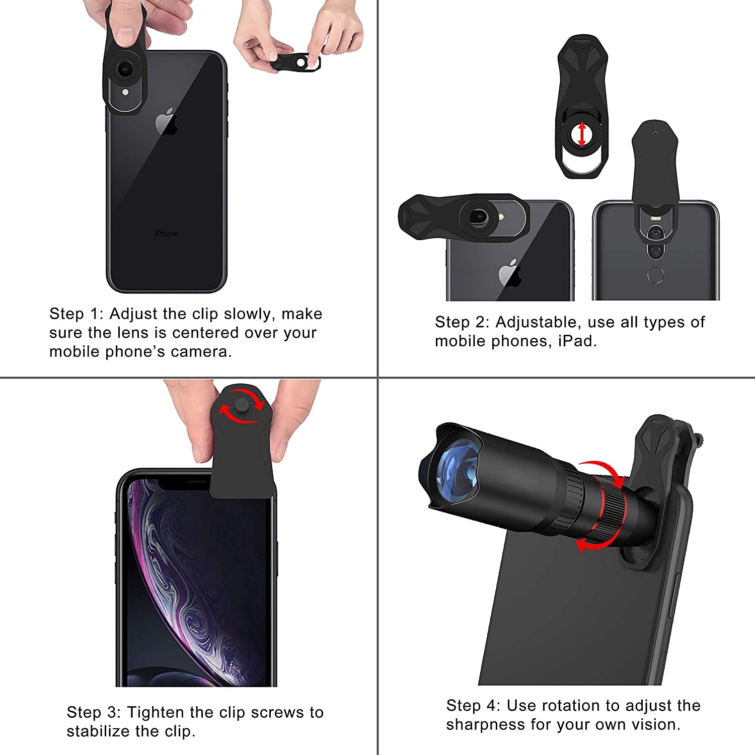 Phone Camera Lens Kit 4 in 1, 22X Telephoto Lens, 235° Fisheye Lens, 25X Macro Lenses, 0.62X Wide Angle Lens,Cell Phone Lens Kits