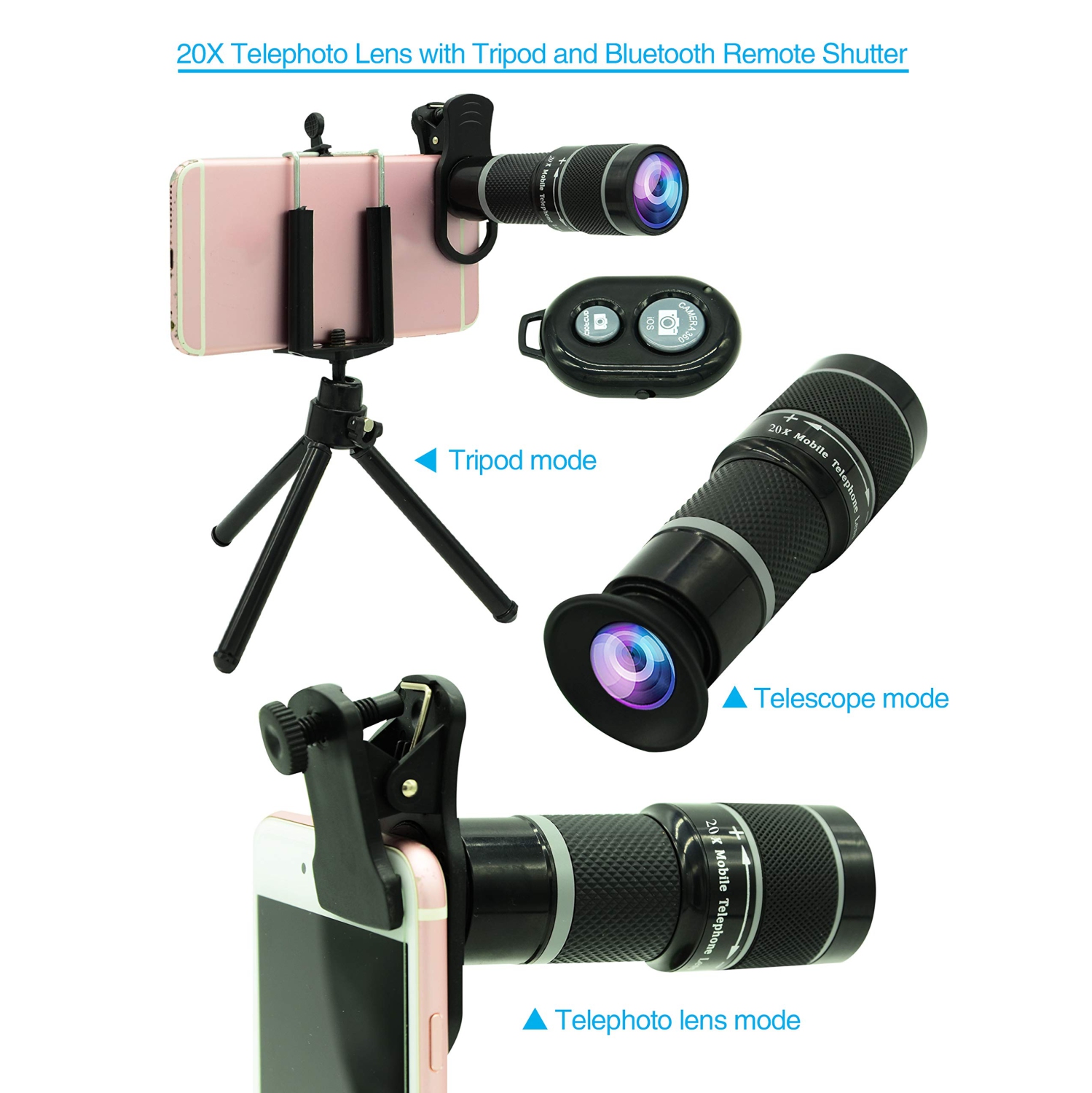 Camera Lens Kit, Universal 20x Zoom Telephoto Lens,0.63Wide Angle+15X Macro+198°Fisheye+2X & More