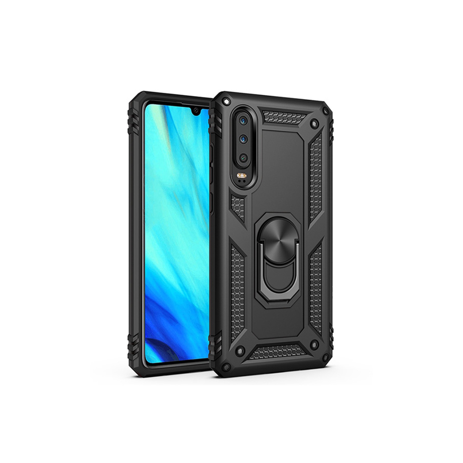 【CSmart】 Anti-Drop Hybrid Magnetic Hard Armor Case with Ring Holder for Samsung Galaxy A20, Black