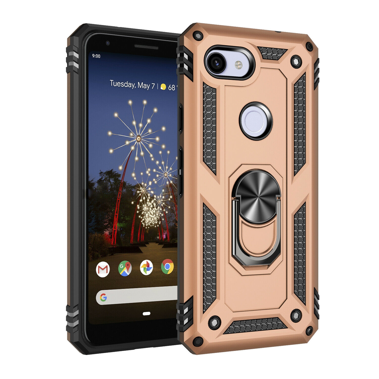 【CSmart】 Anti-Drop Hybrid Magnetic Hard Armor Case with Ring Holder for Pixel 3a, Gold