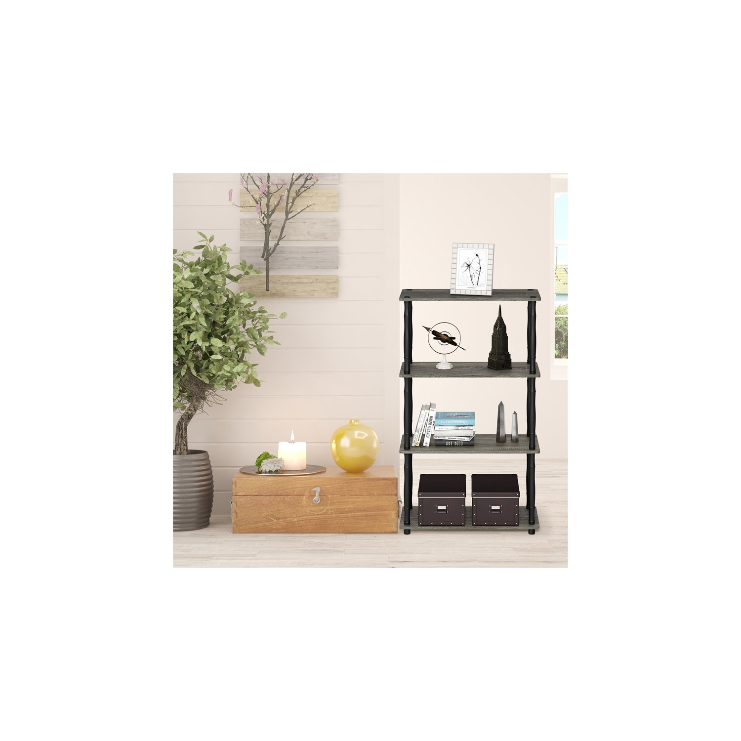 Furinno Turn-N-Tube Wood 4-Tier Shelf Display Rack w/ Classic Tubes in Oak Gray