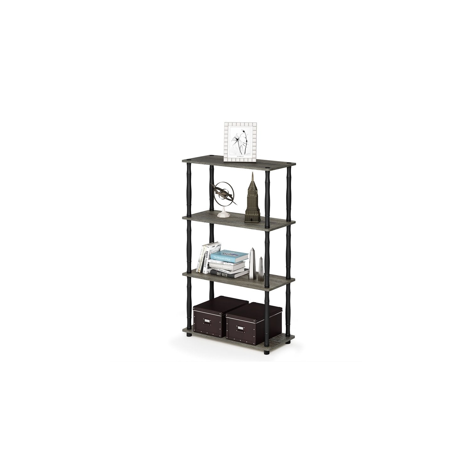 Furinno Turn-N-Tube Wood 4-Tier Shelf Display Rack w/ Classic Tubes in Oak Gray