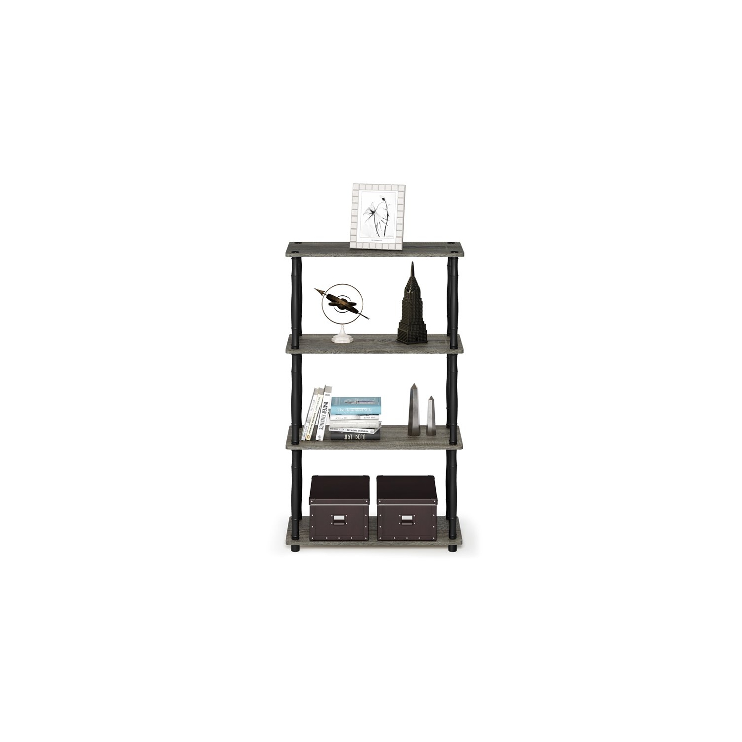 Furinno Turn-N-Tube Wood 4-Tier Shelf Display Rack w/ Classic Tubes in Oak Gray