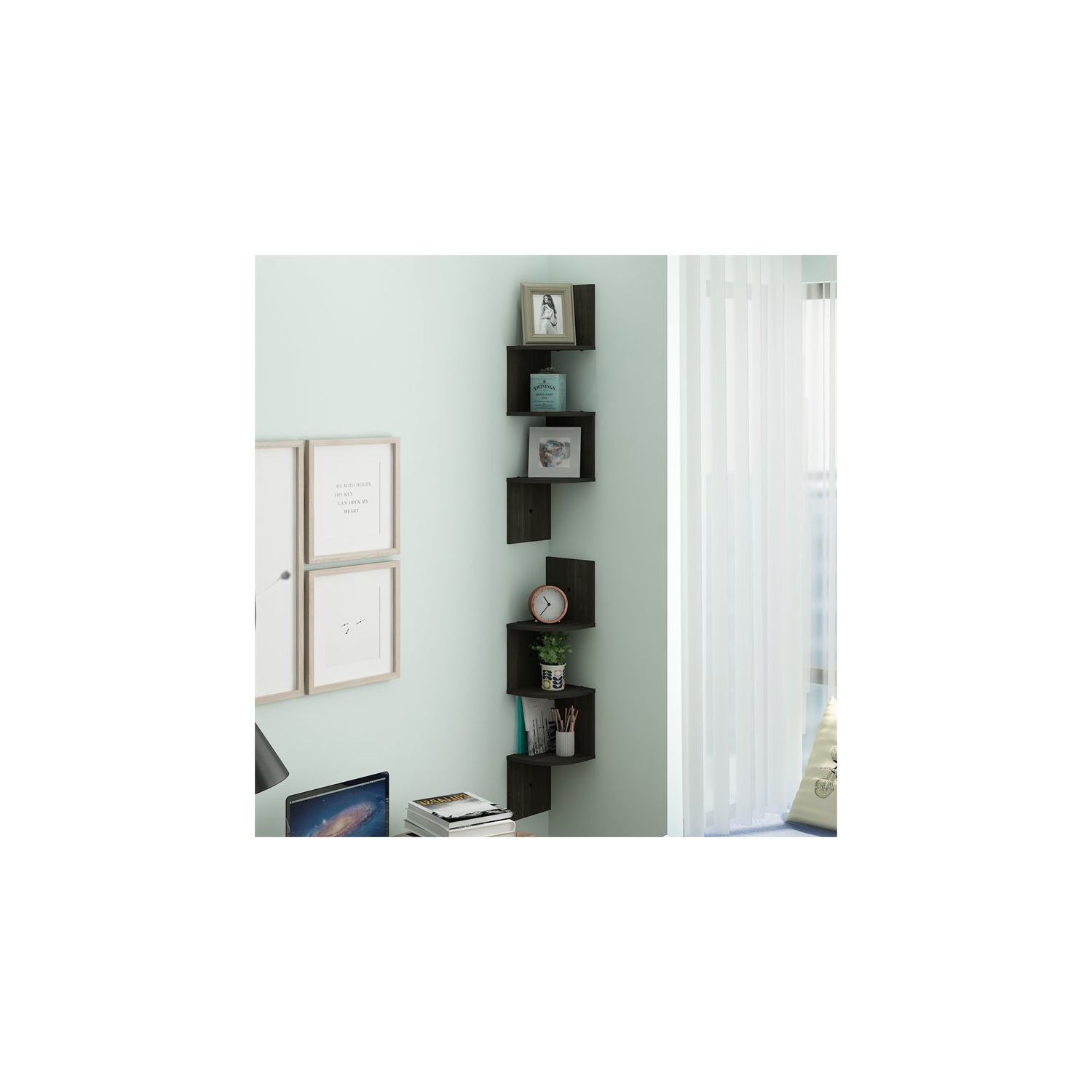 Furinno Rossi Wood Wall Mount Floating Corner Radial Shelf in Espresso(Set of 2)