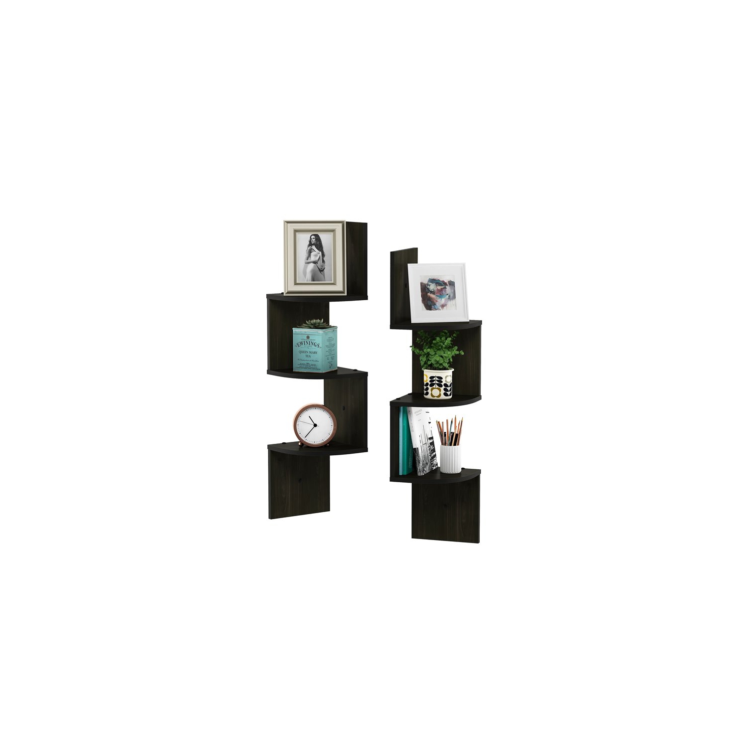 Furinno Rossi Wood Wall Mount Floating Corner Radial Shelf in Espresso(Set of 2)