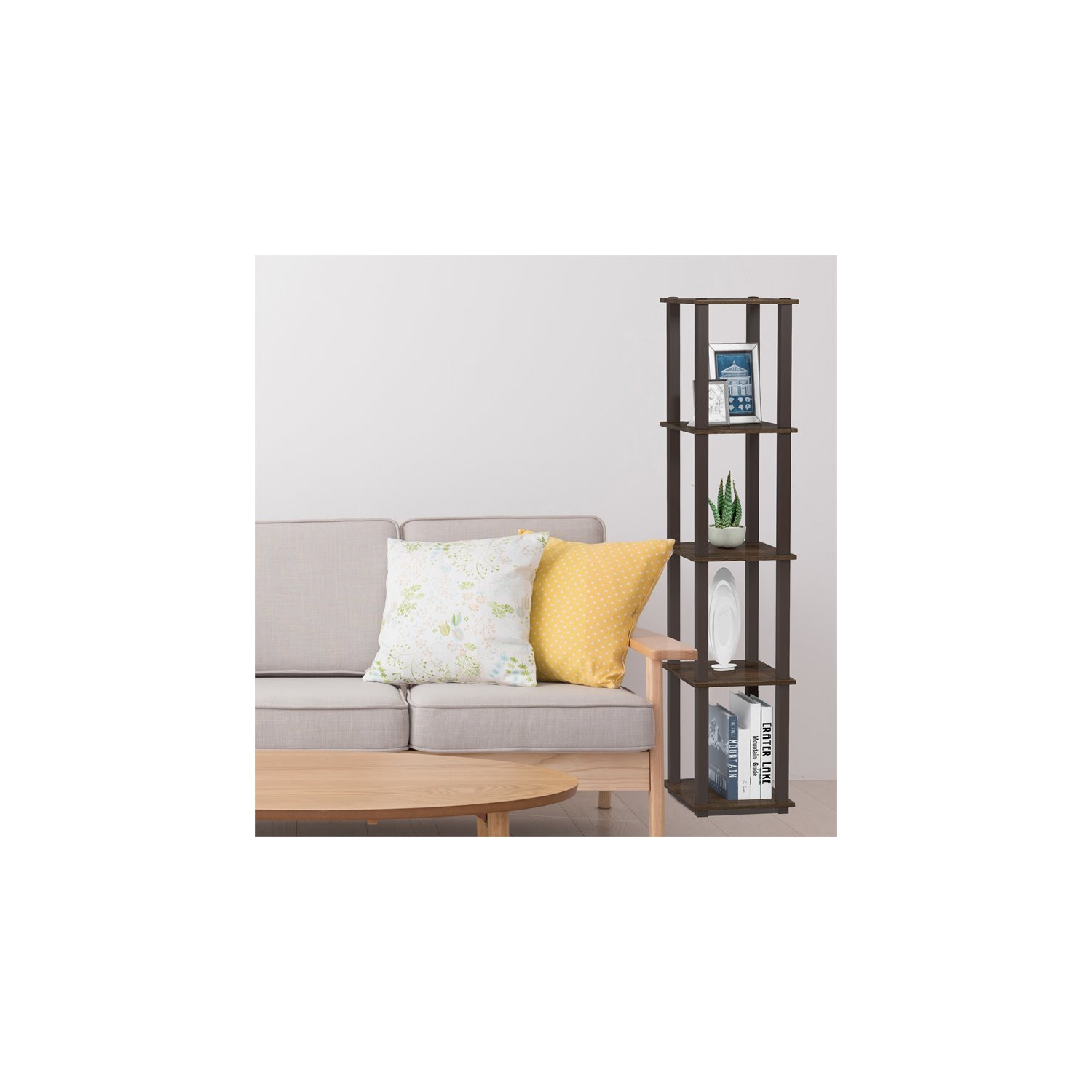 Meuble de présentation en bois à 5 niveaux Turn-S-tube avec étagère en coin, fini noyer/brun de Furinno