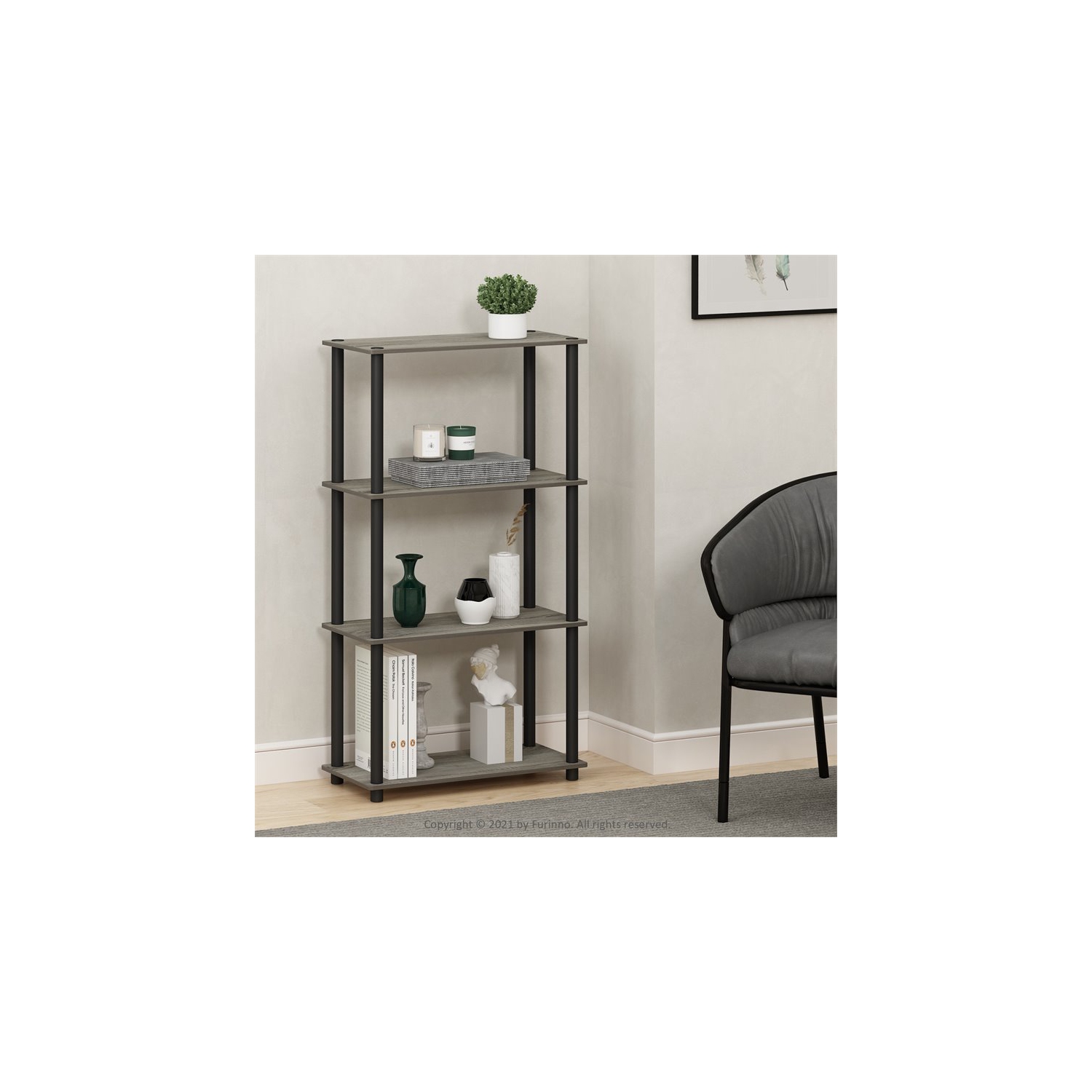 Meuble de présentation à 4 tablettes en bois Turn-N-tube de Furinno, gris chêne français/noir