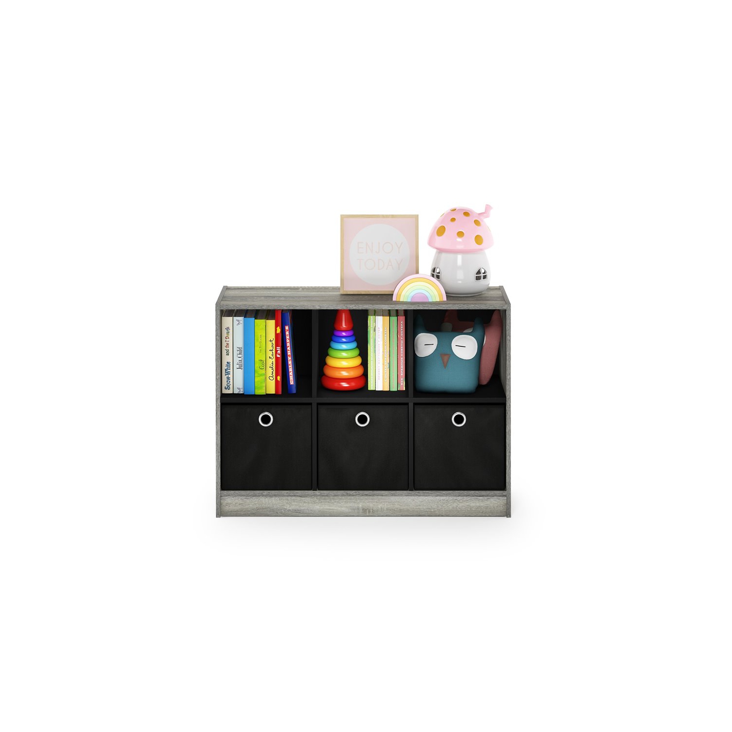 Furinno Basic Wood 3x2 Bookcase Storage w/Bins in French Oak Gray/Black