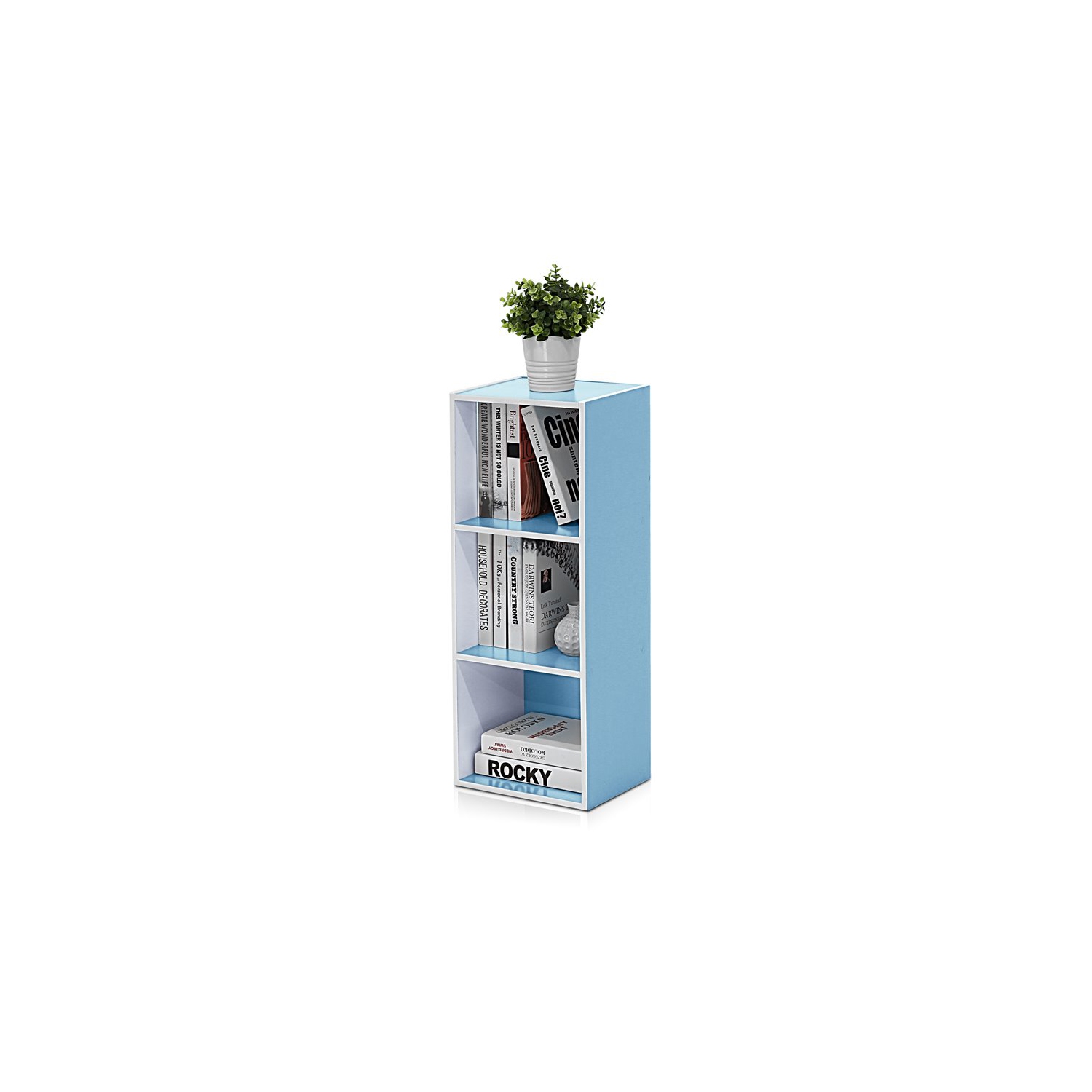 Furinno Luder Engineered Wood 3-Tier Open Shelf Bookcase in White/Light Blue