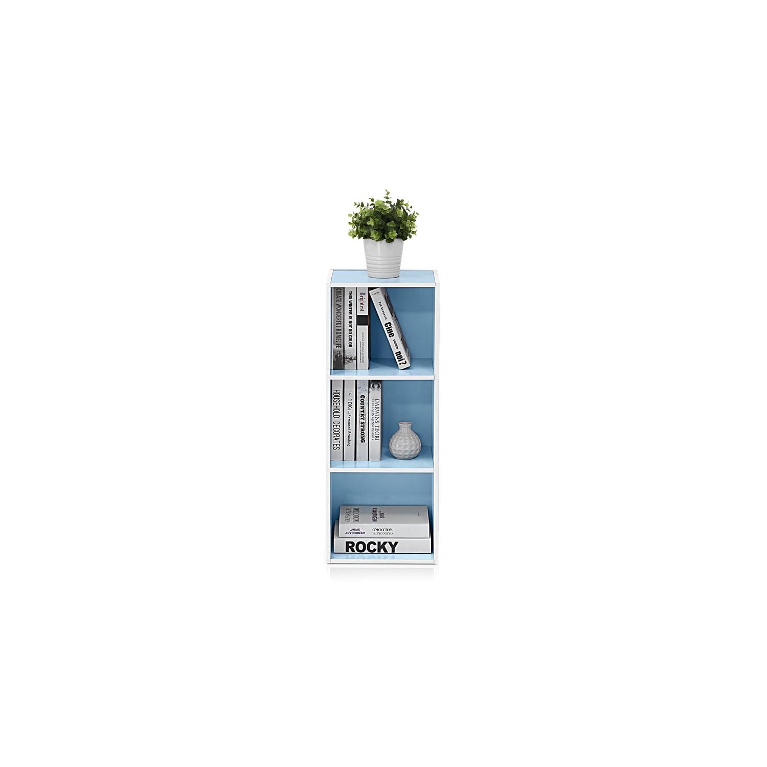 Furinno Luder Engineered Wood 3-Tier Open Shelf Bookcase in White/Light Blue