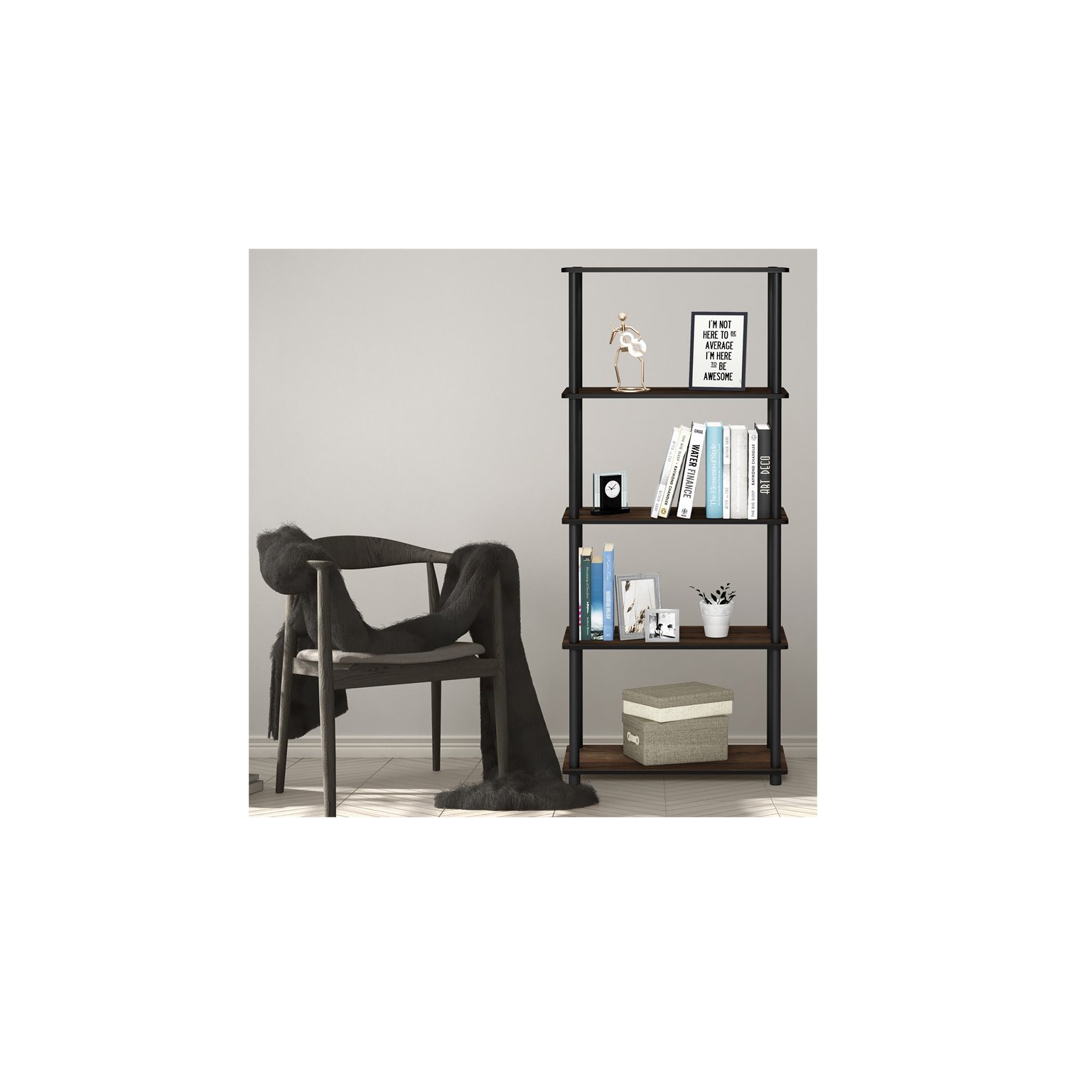 Furinno Turn-N-Tube Wood 5-Tier Shelf Display Rack in Columbia Walnut/Black