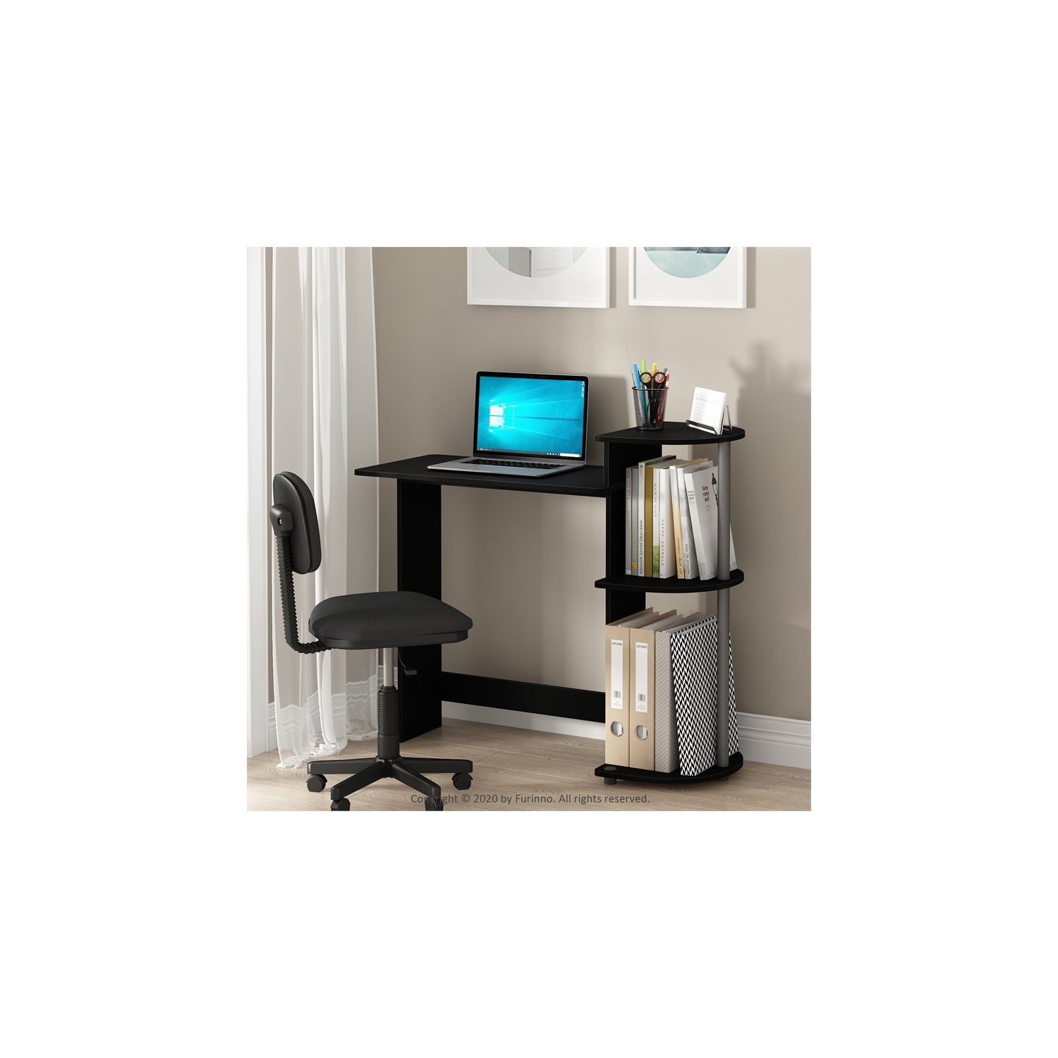 Furinno Engineered Wood Compact Computer Desk with Shelves in Black/Gray