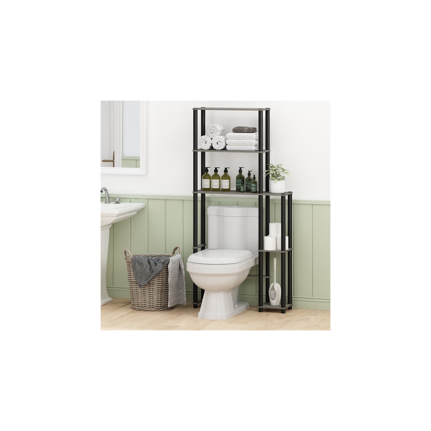 Furinno Turn-N-Tube Wood Toilet Space Saver with 5 Shelves in Oak Gray/Black