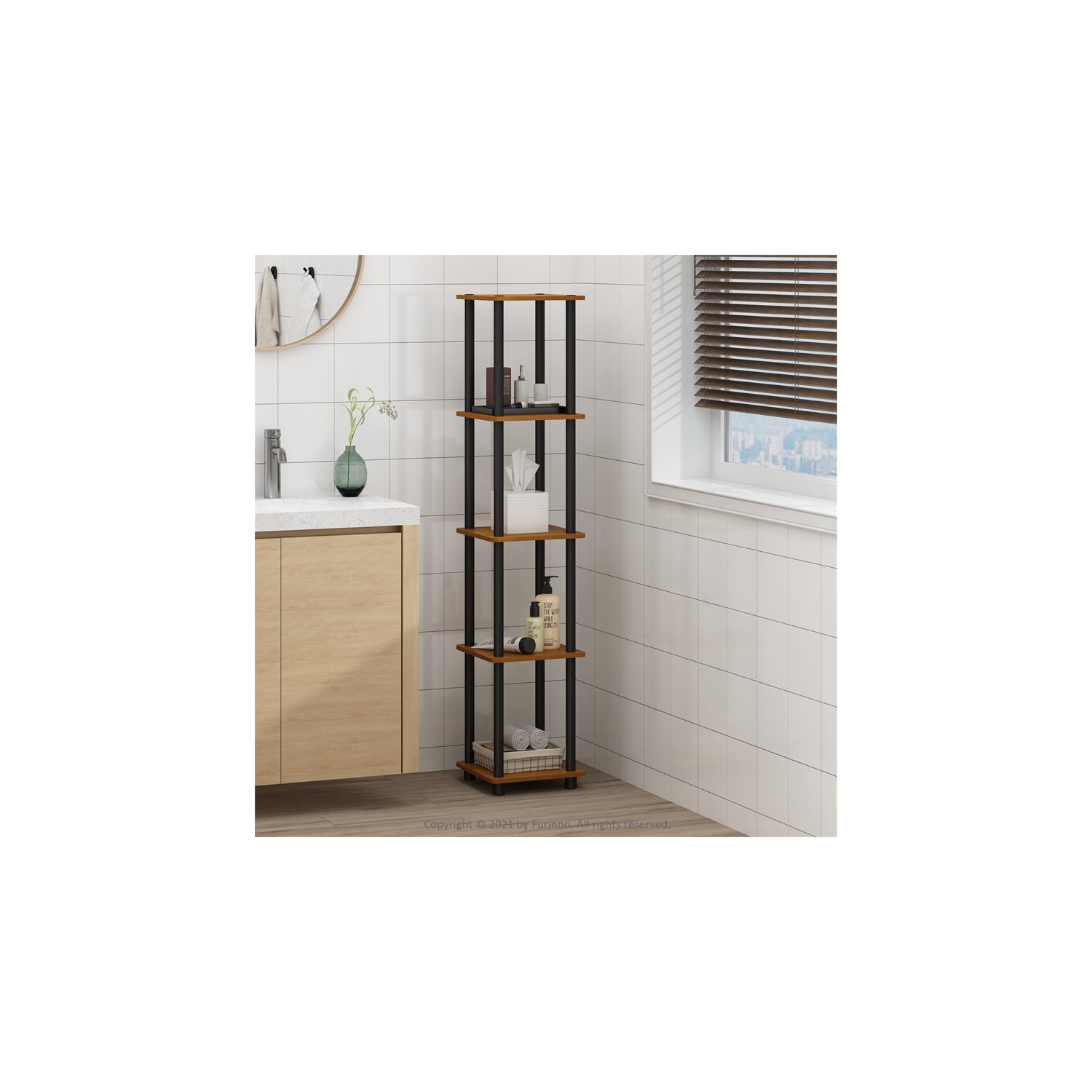 Furinno Turn-N-Tube Wood 5-Tier Corner Rack Display Shelf in Light Cherry/Black