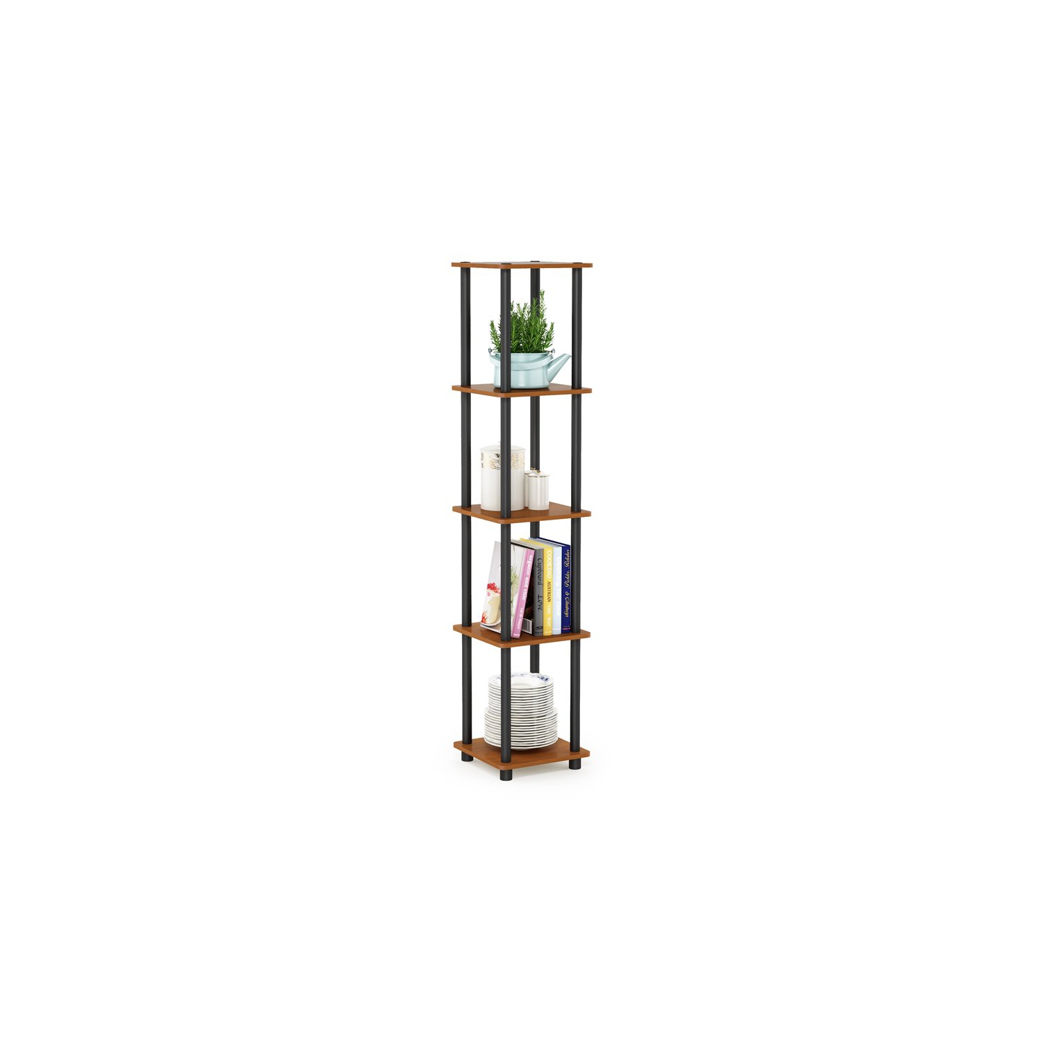 Furinno Turn-N-Tube Wood 5-Tier Corner Rack Display Shelf in Light Cherry/Black