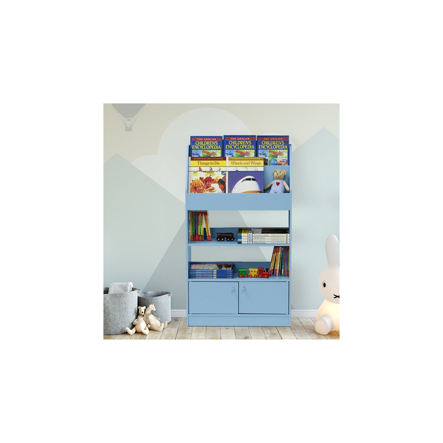 Furinno Lova Wood Magazine/Bookshelf with Storage Cabinet in Light Blue