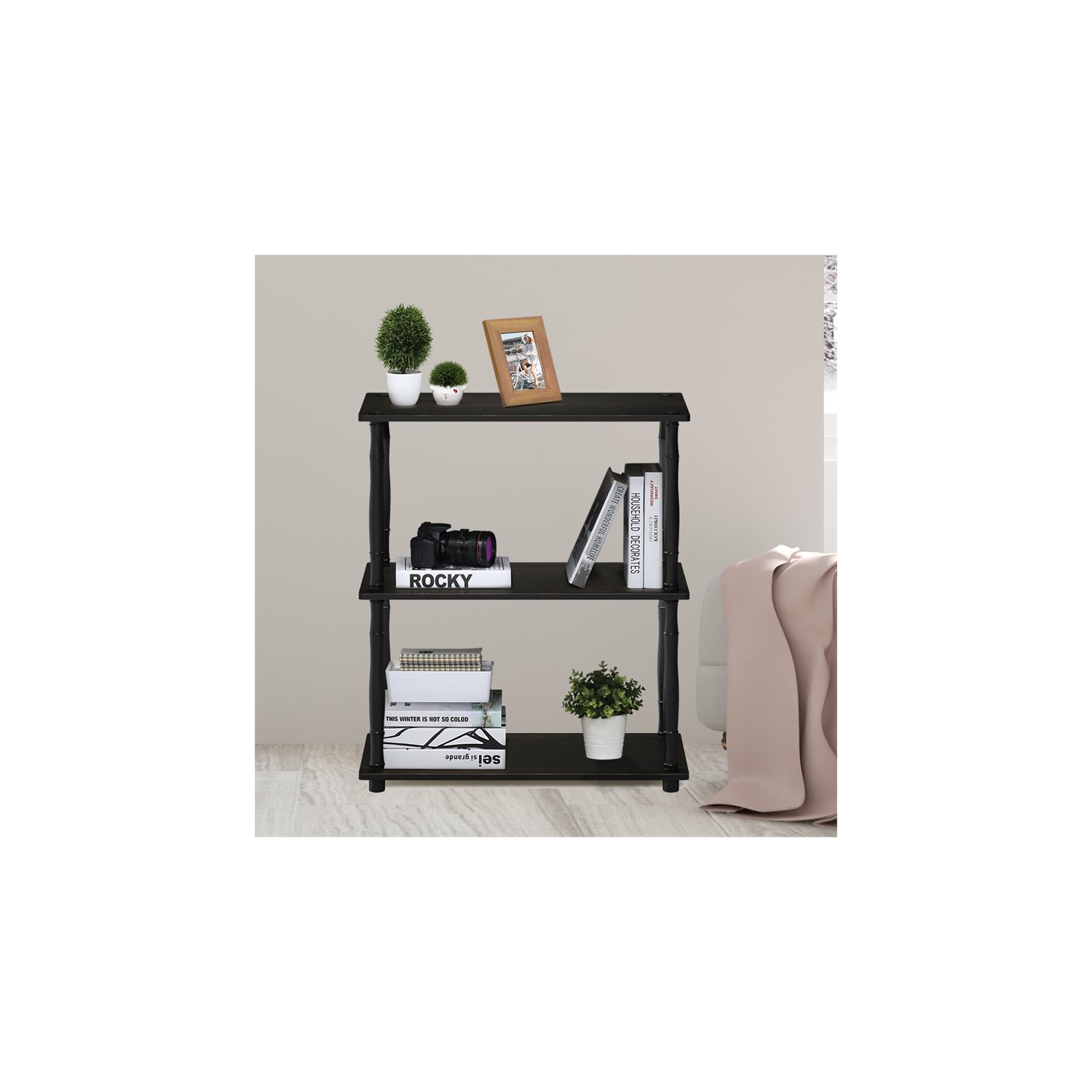 Furinno Turn-S-Tube Wood 3-Tier Compact Shelf Display Rack in Walnut/Brown