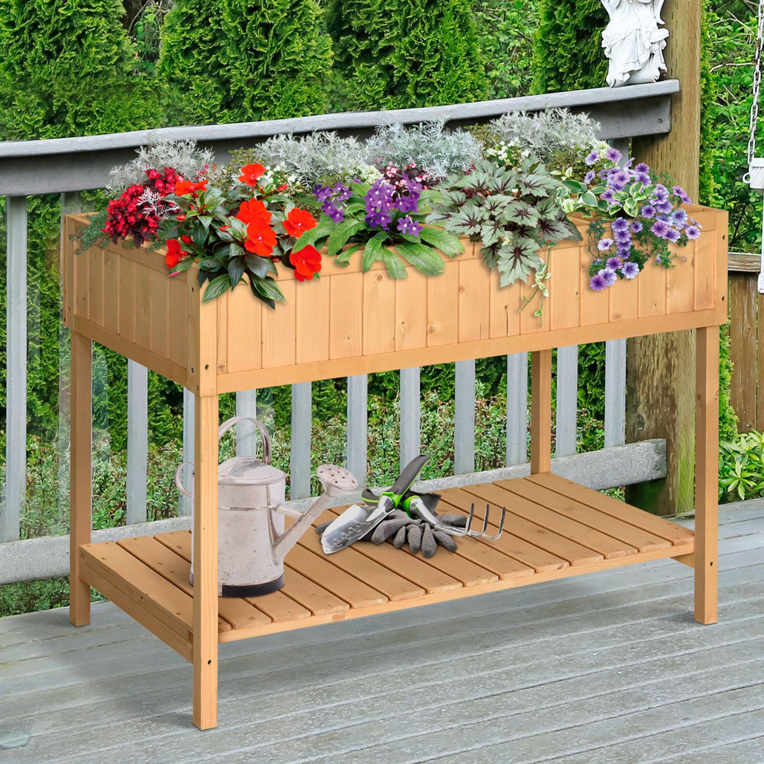 Outsunny 43" x 18" x 30" Raised Garden Bed, Wood Planter Box with Storage Shelf and 8 Pockets, to Grow Herbs, Vegetables, and Flowers, Natural