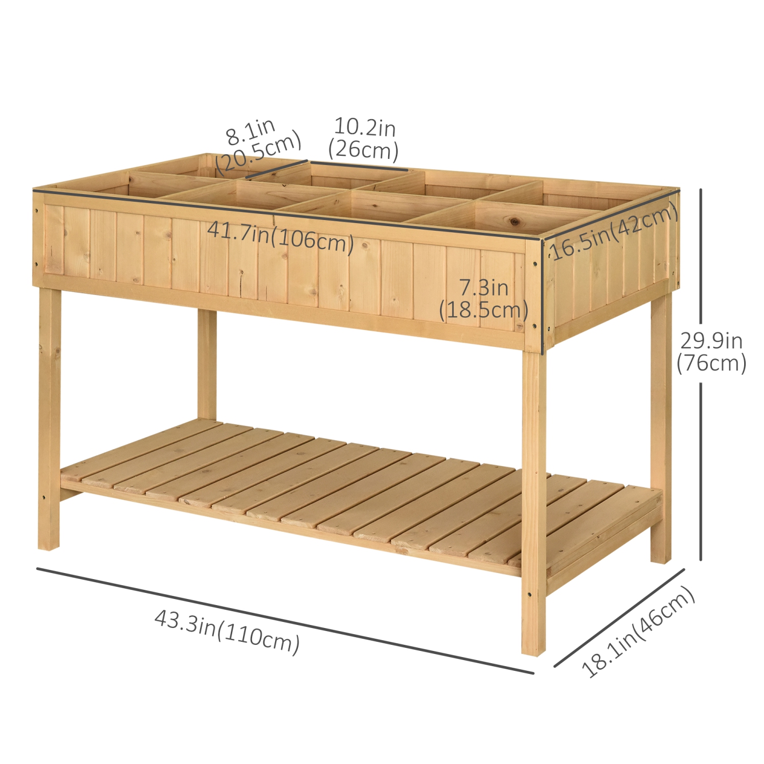 Outsunny 43" x 18" x 30" Raised Garden Bed, Wood Planter Box with Storage Shelf and 8 Pockets, to Grow Herbs, Vegetables, and Flowers, Natural