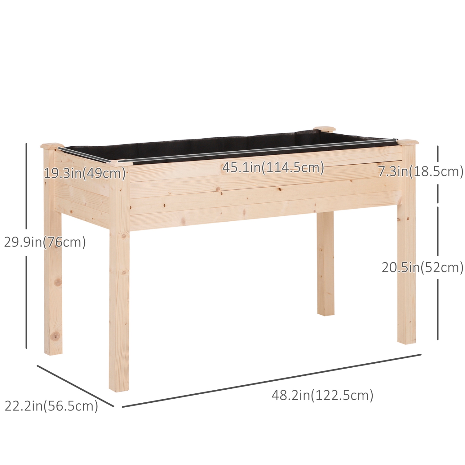 Outsunny 48" x 22" x 30" Wooden Patio Raised Garden Bed Planter, Elevated Planter Box with Legs, Outdoor Flower Stand with Inner Bag, Natural Wood