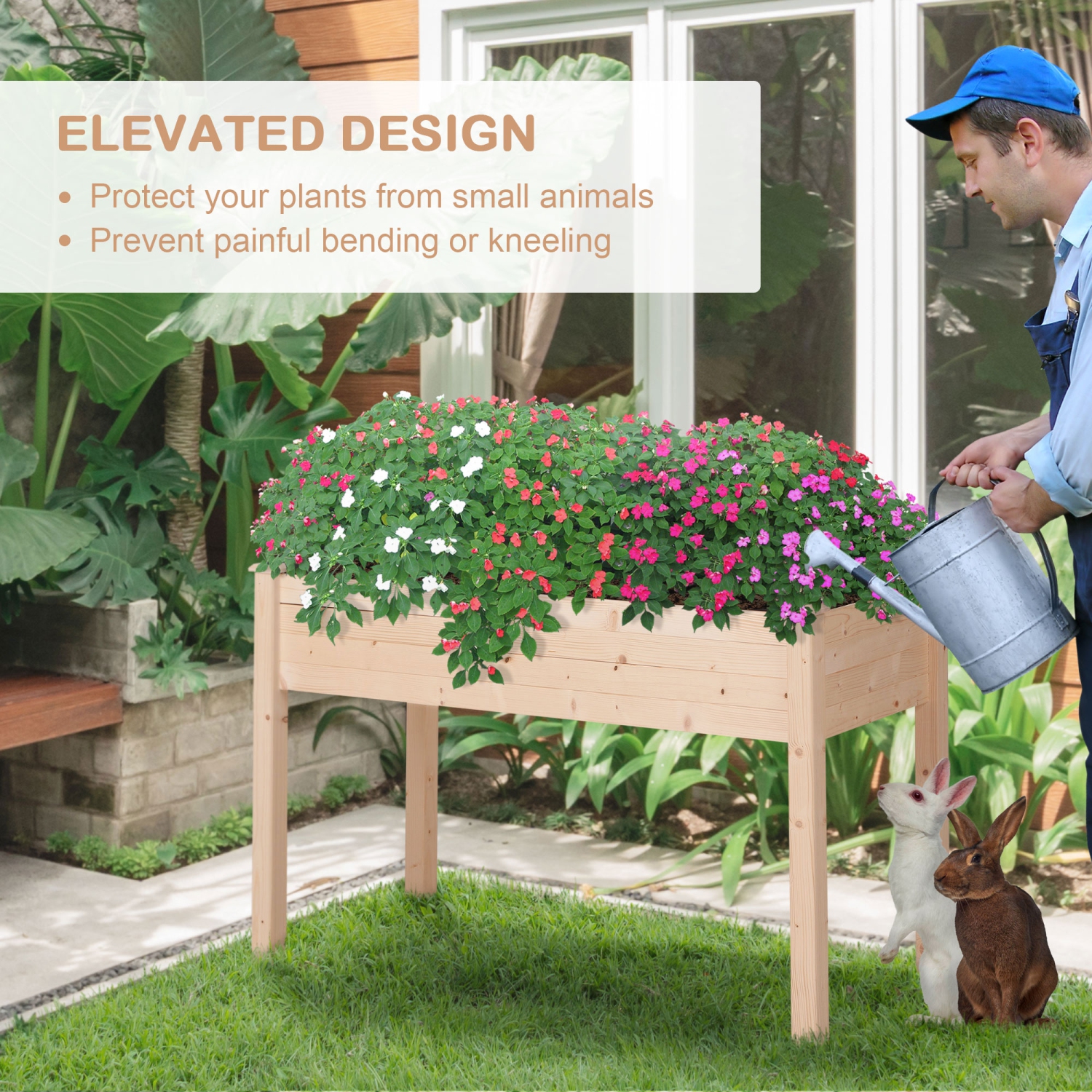 Outsunny 48" x 22" x 30" Wooden Patio Raised Garden Bed Planter, Elevated Planter Box with Legs, Outdoor Flower Stand with Inner Bag, Natural Wood