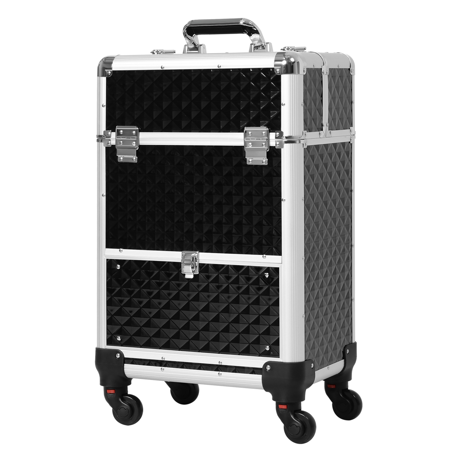 HOMCOM Rolling Aluminum Makeup Train Case, Portable Professional Cosmetic Makeup Case with 4 Wheels, Lock and Keys, Black