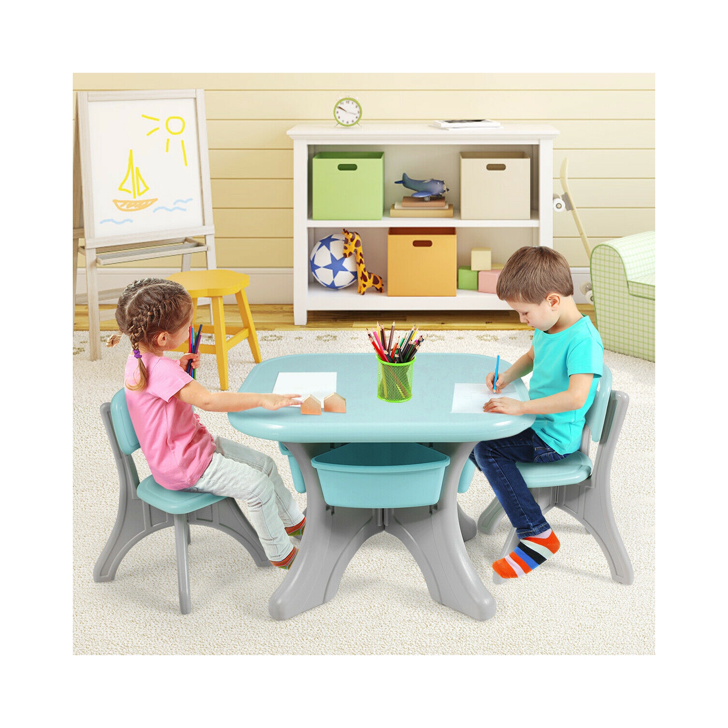 Gymax Children Kids Activity Table Chair Set Play Furniture W/Storage