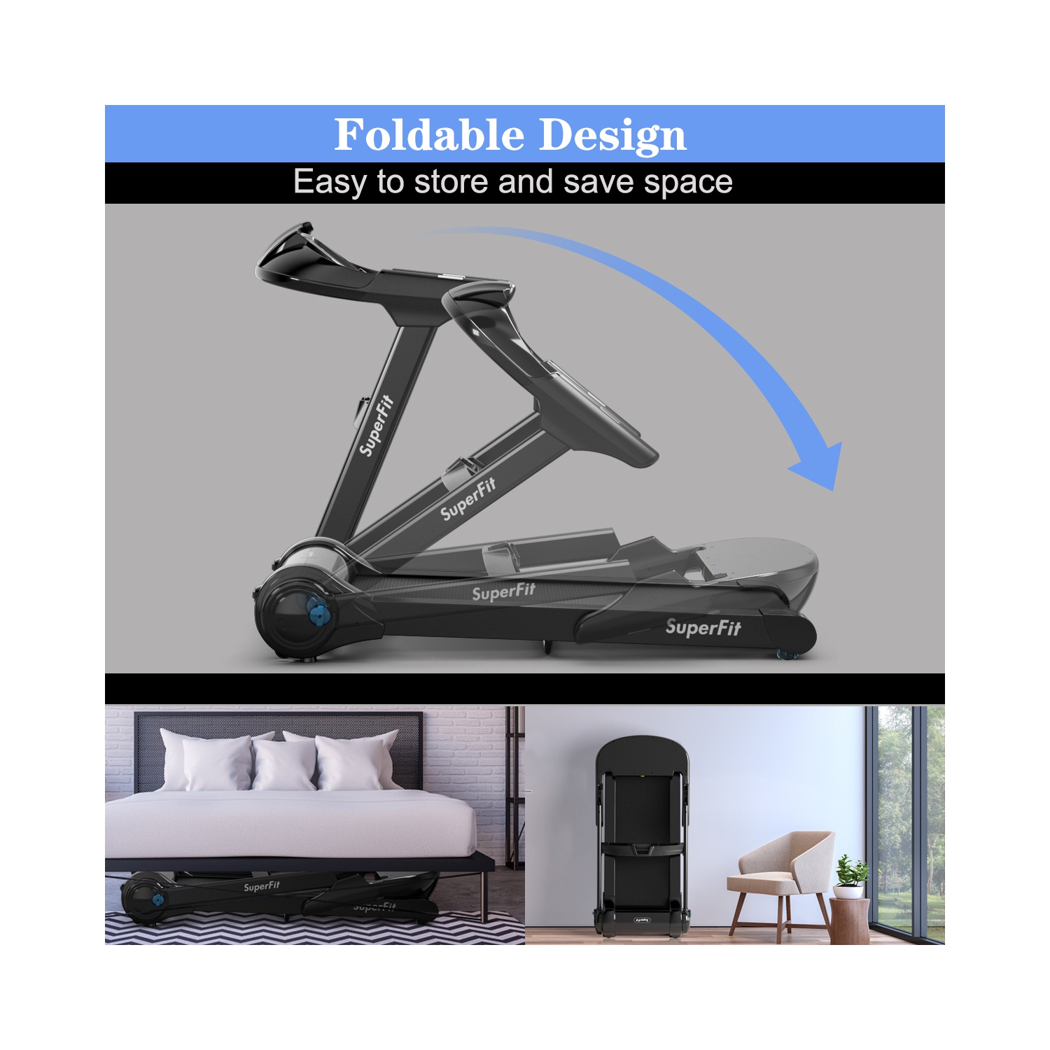 SuperFit 2.25HP Folding Treadmill Running Machine W/APP Heart Rate