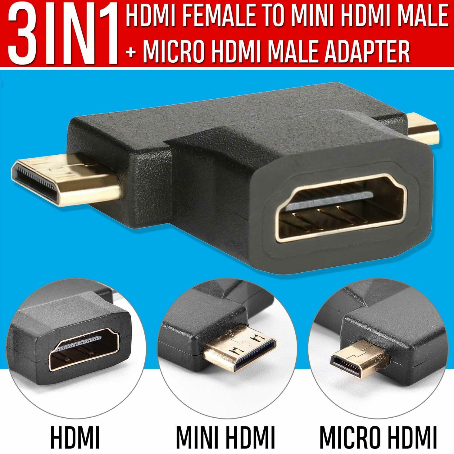 3 en 1 Micro Male Mini HDMI Mâle vers HDMI Femelle Câble Adaptateur Convertisseur