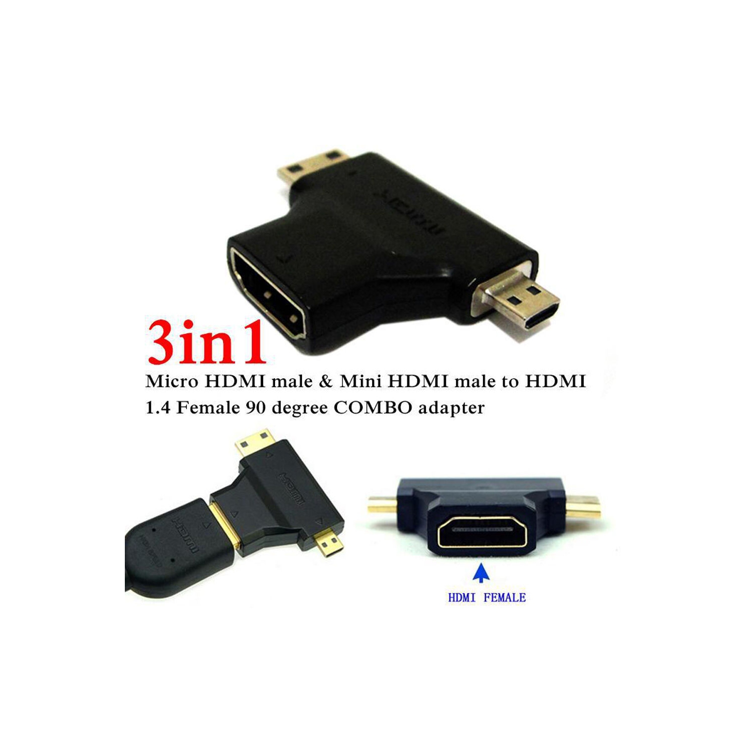 3 en 1 Micro Male Mini HDMI Mâle vers HDMI Femelle Câble Adaptateur Convertisseur