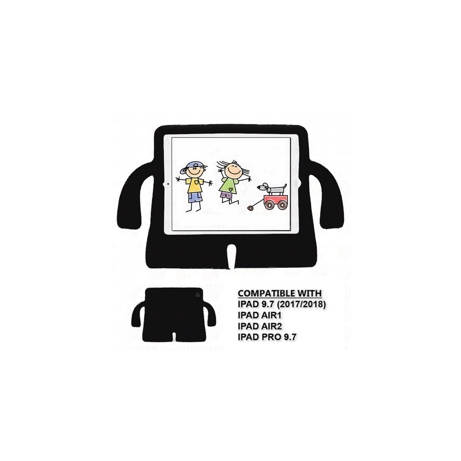 3D Étui antichoc en silicone pour enfants avec support pour iPad 9,7 po 5th 6th gén., Air 1st 2nd gén., iPad Pro 9,7 po, noir