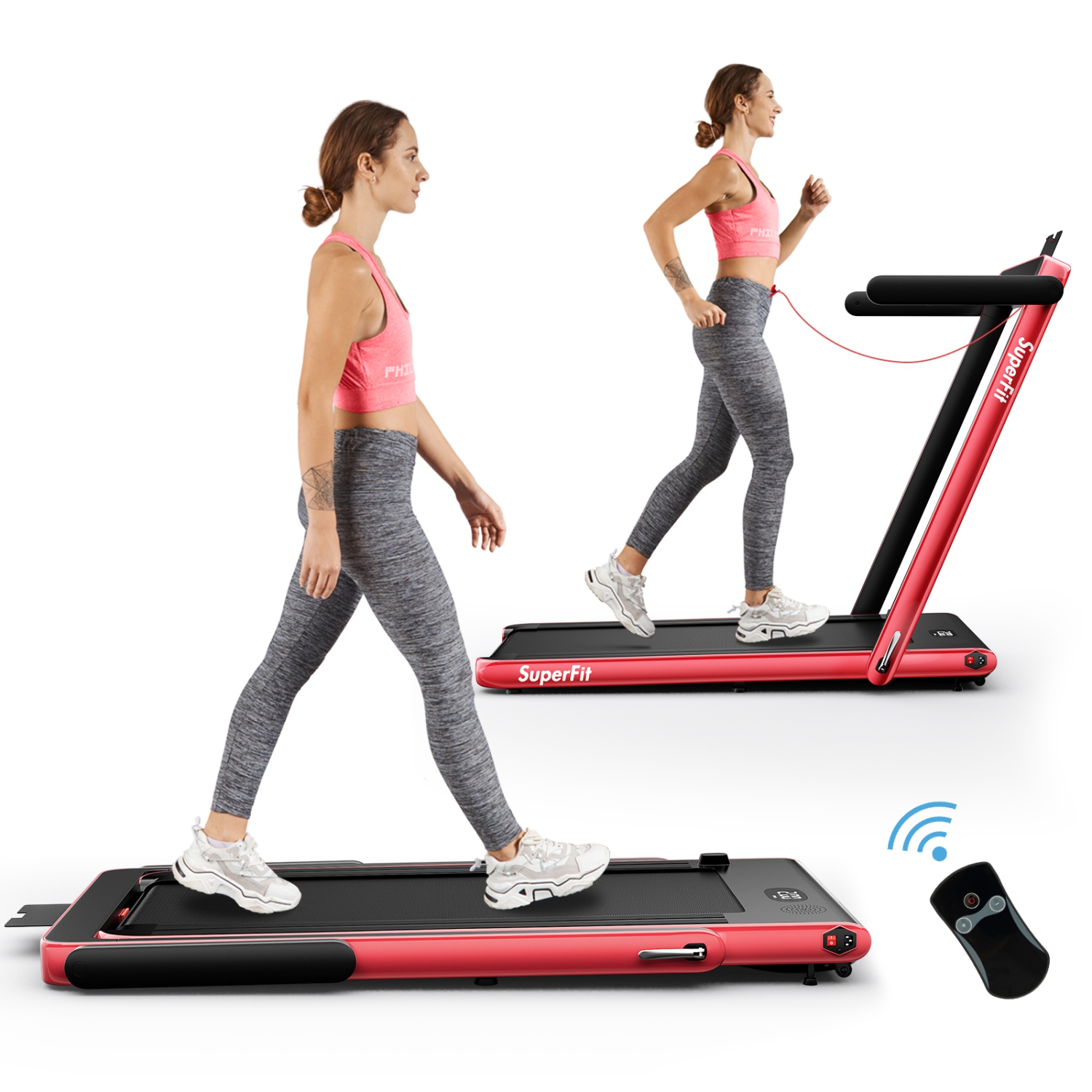 SuperFit 2.25HP 2-in-1 Folding Under-Desk Walking Pad with Remote Control & Bluetooth Speaker - Red