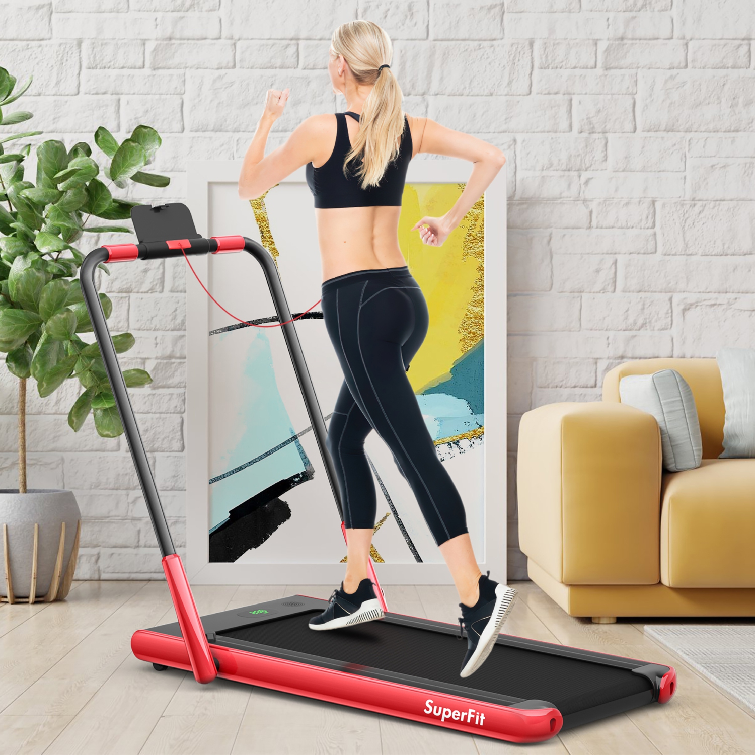 Superfit 2.25HP 2 in 1 Folding Treadmill w/Bluetooth Speaker, Remote Control - Fits under Desk or Bed - Red