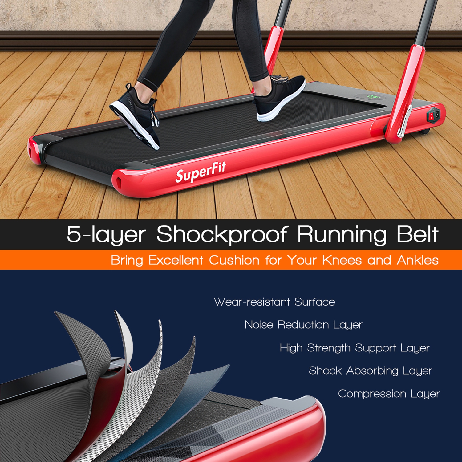 Superfit 2.25HP 2 in 1 Folding Treadmill w/Bluetooth Speaker, Remote Control - Fits under Desk or Bed - Red